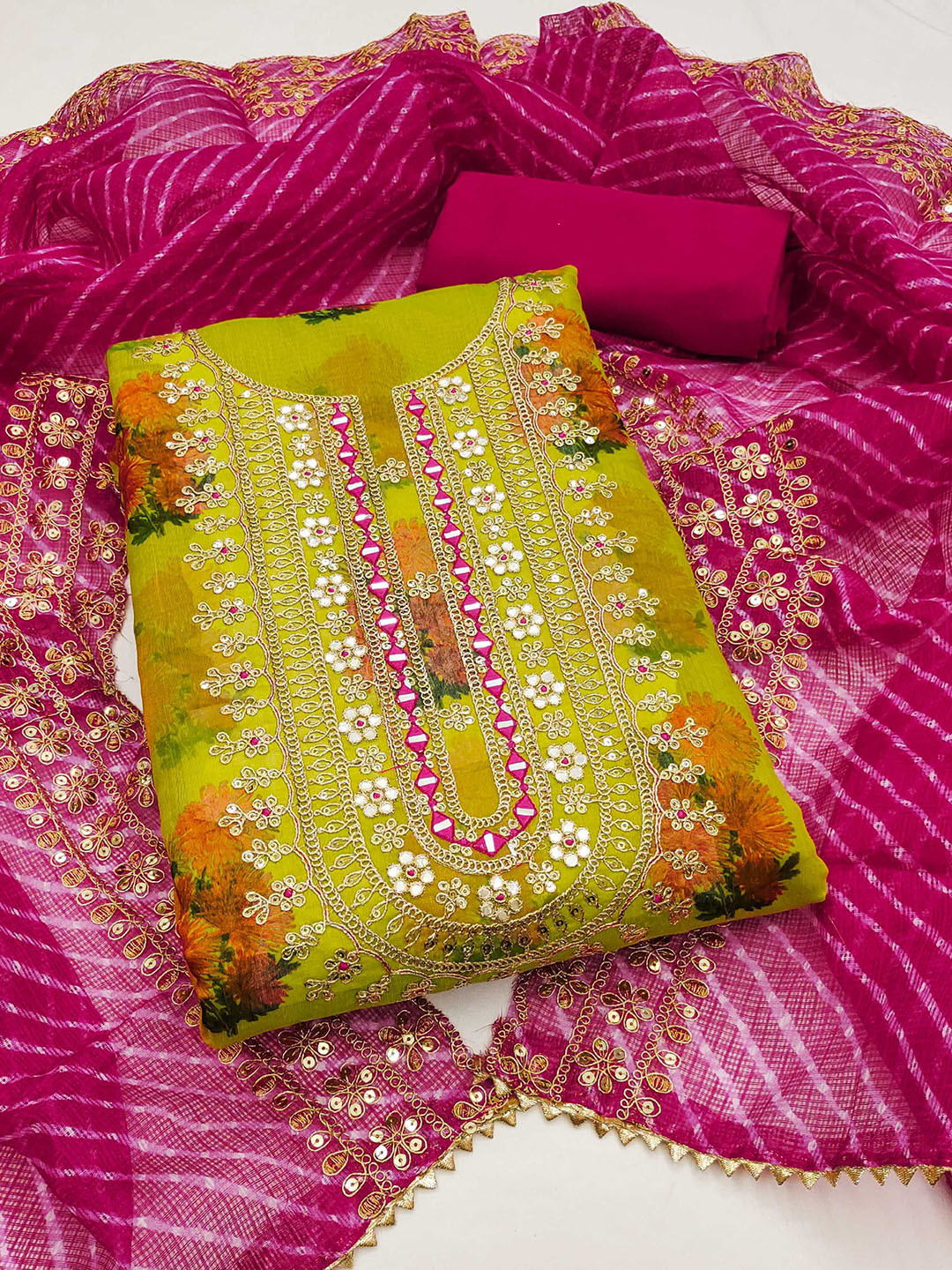 KALINI Floral Digital Printed Mirror Work Chanderi Silk Unstitched Dress Material