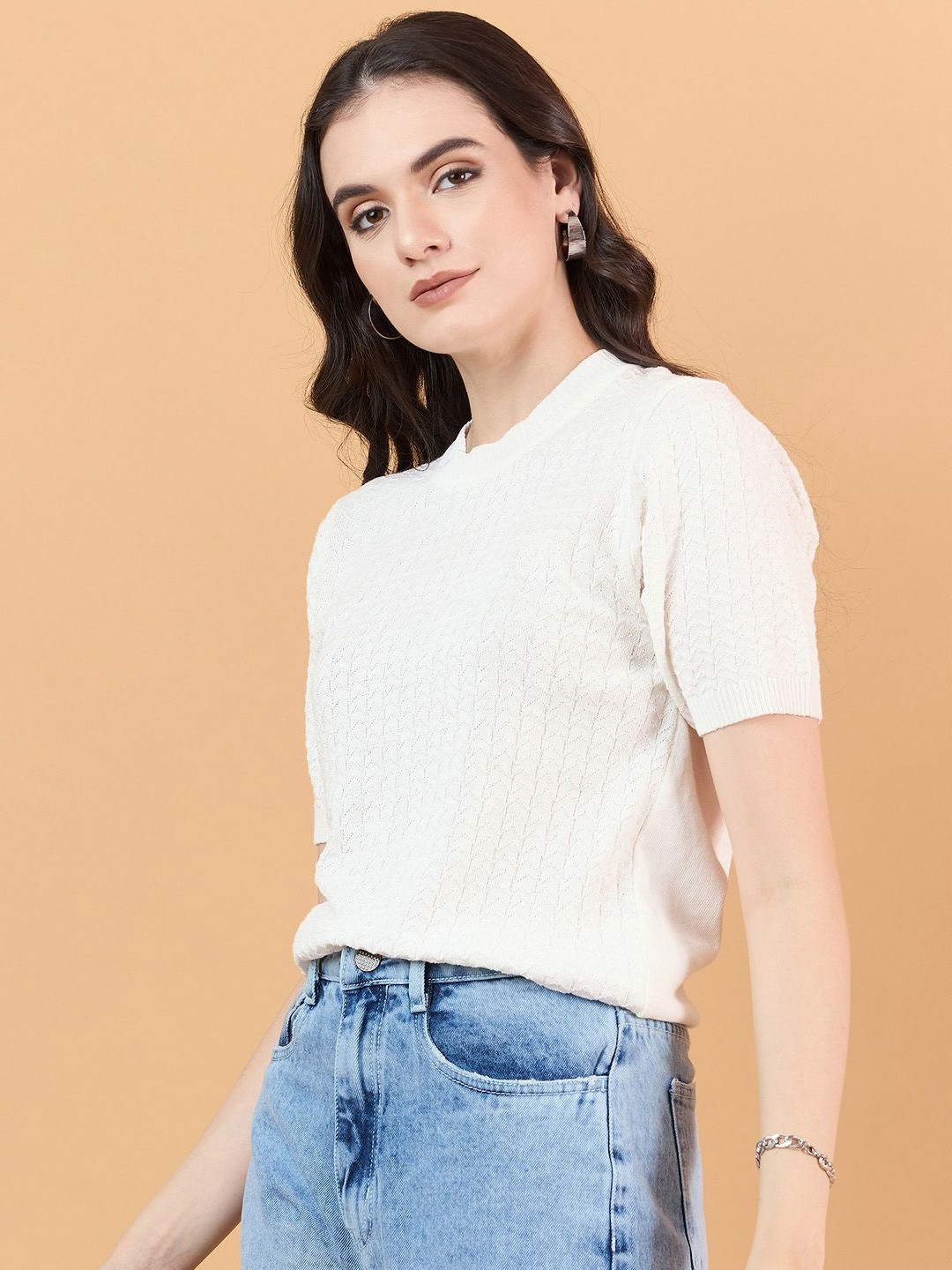 CLAPTON Women Anti Static Self Design Round Neck Wool T-shirt