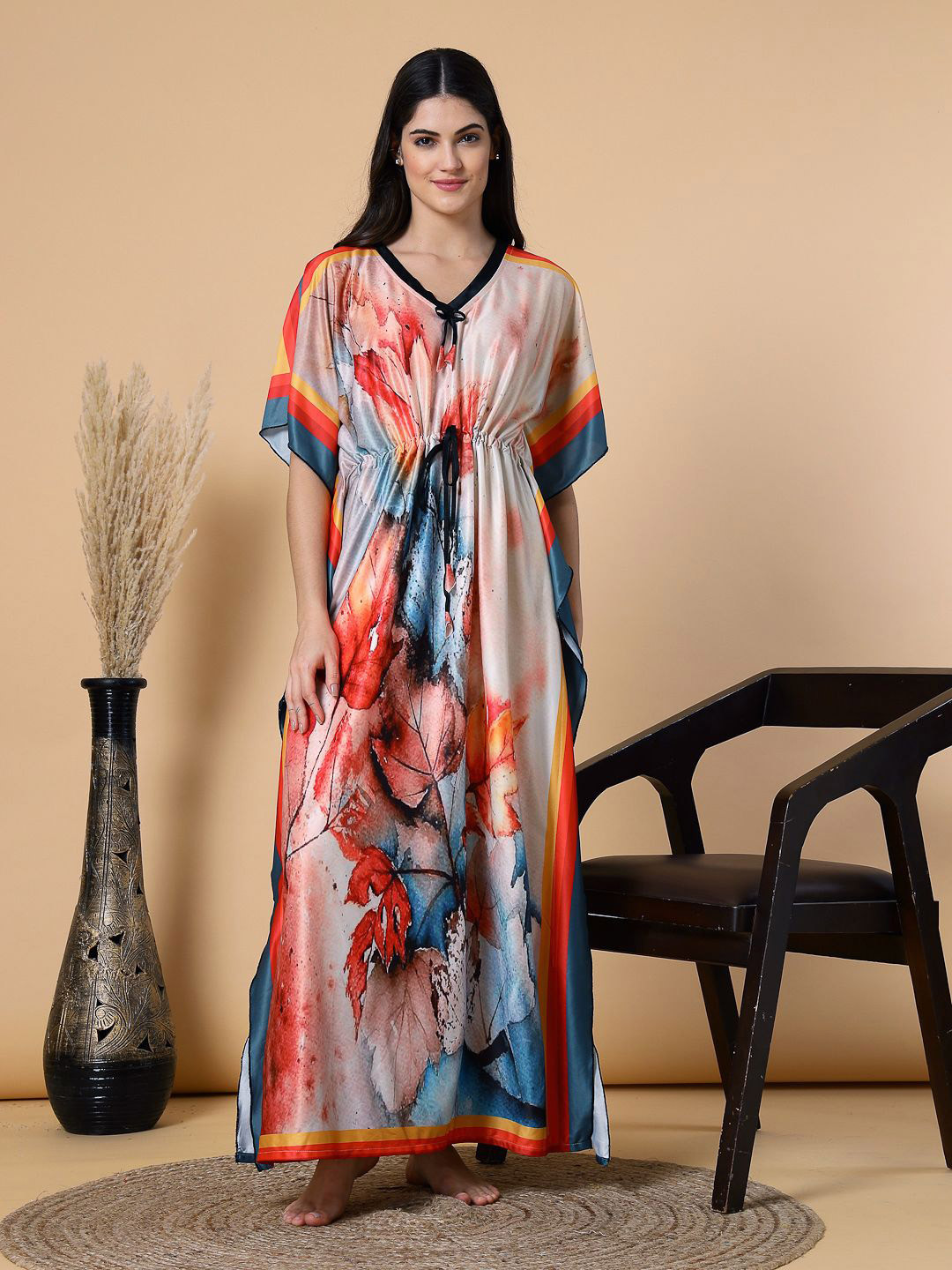 FABINALIV Women Red & Blue Floral Graphic Printed V-Neck Kaftan Nightdress