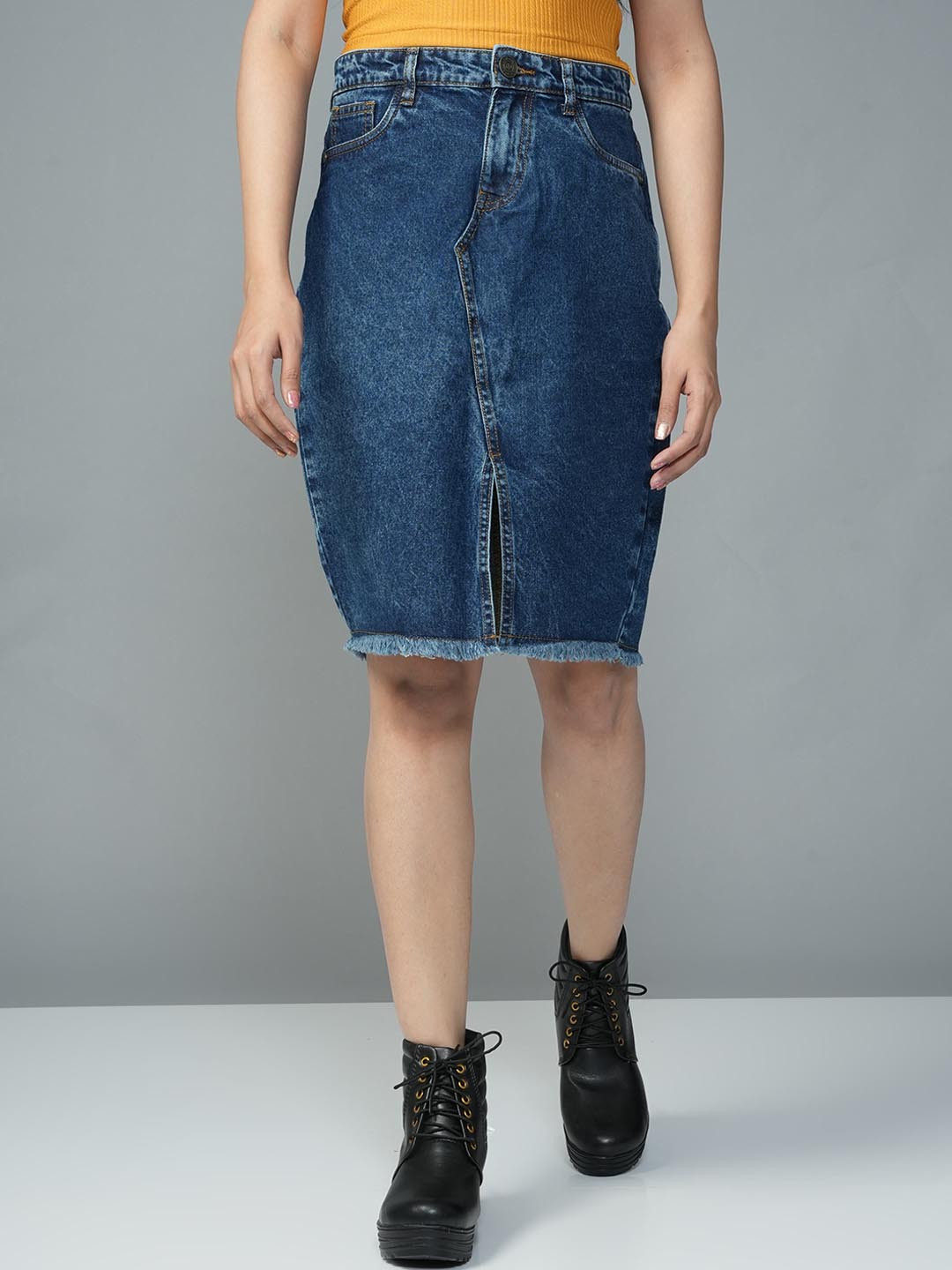 URBAN POCHE Women Solid Knee Length Denim A-Line Skirt With Front Slit