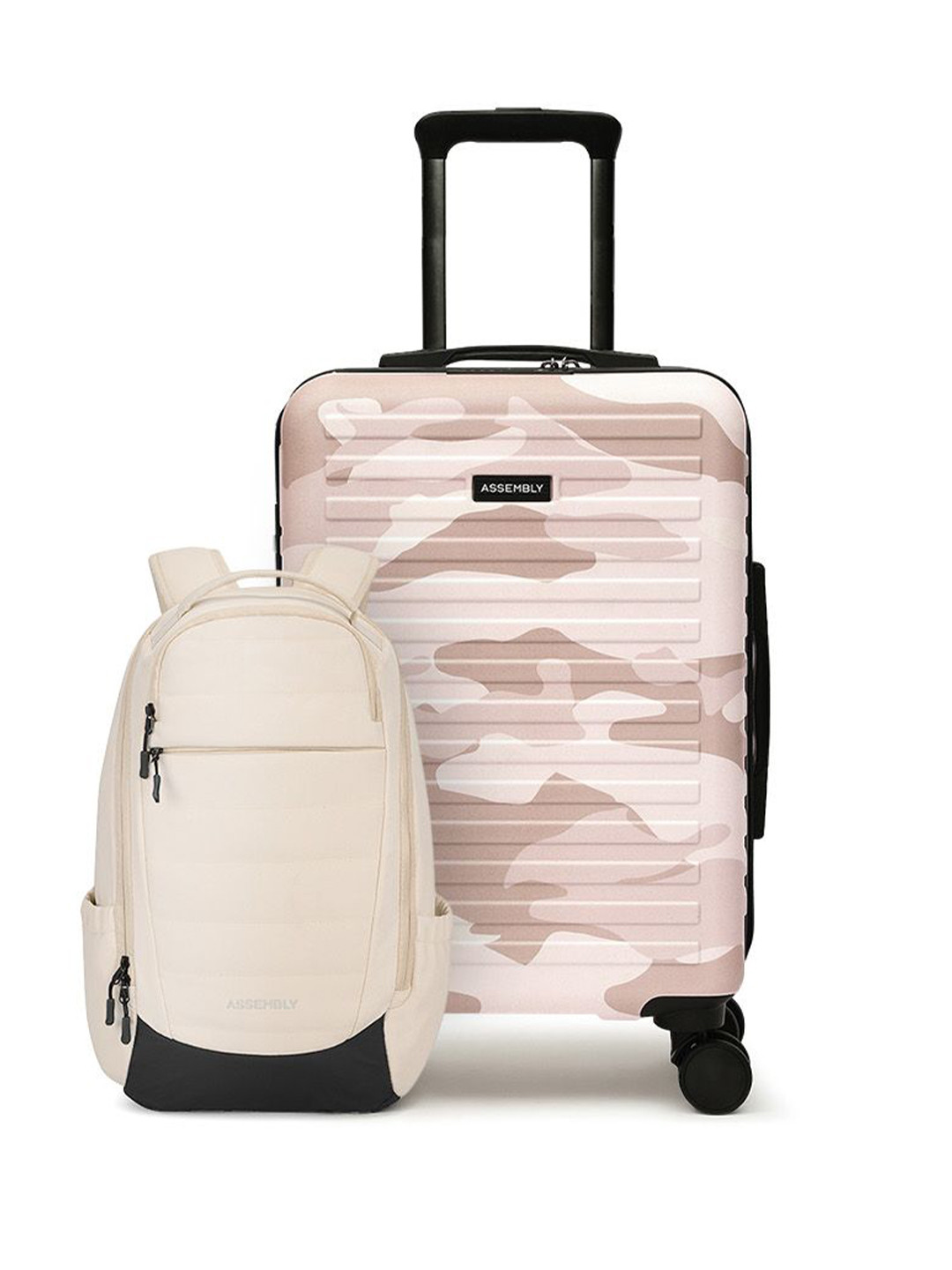 Assembly Camo Peach Printed Cabin Trolley Bag with Biege Laptop Backpack