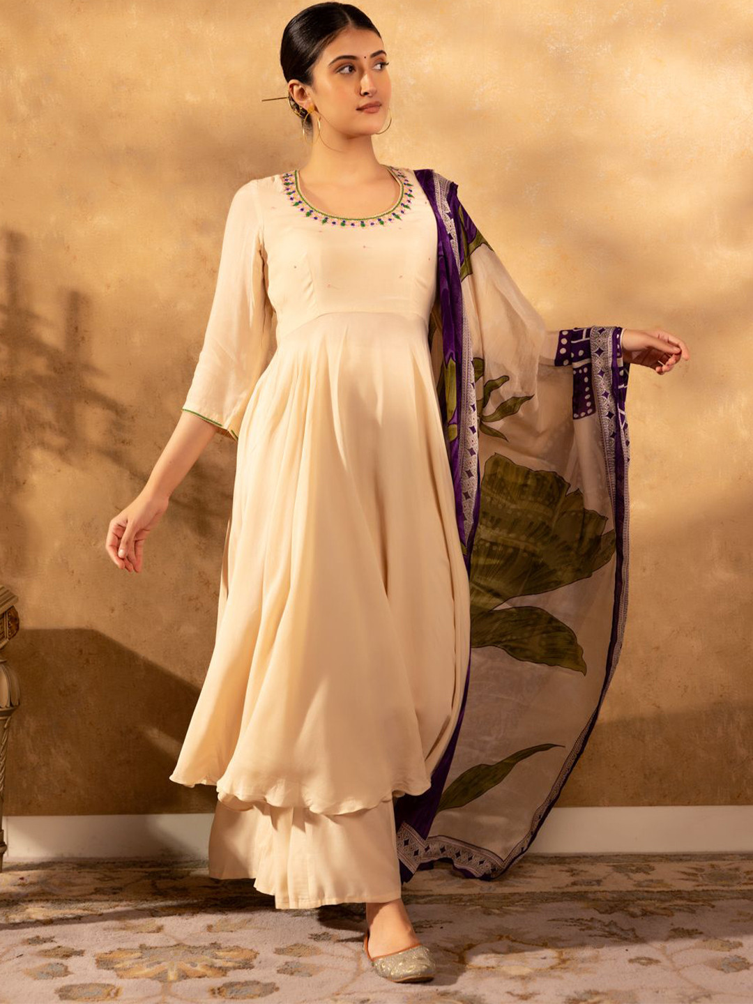 Ambraee Panelled Beads and Stones Kurta with Palazzo & Dupatta