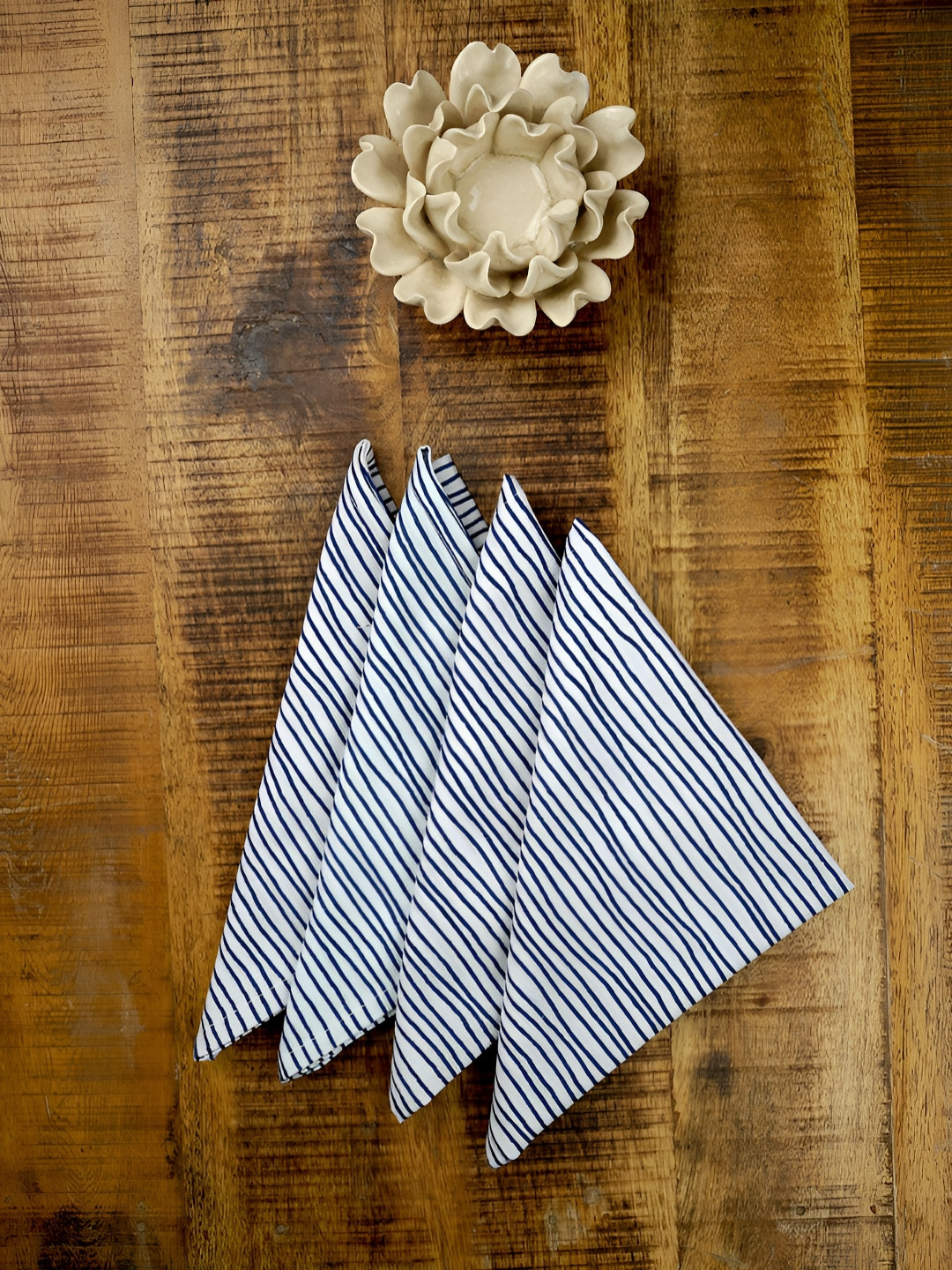 Ratan Cart Blue & White 4 Pieces Striped Pure Cotton Table Napkins