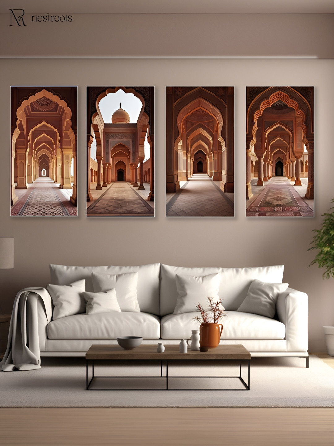 nestroots Brown & Gold-Toned 4 Piece Ornate Arched Hall Canvas Painting Wall Art