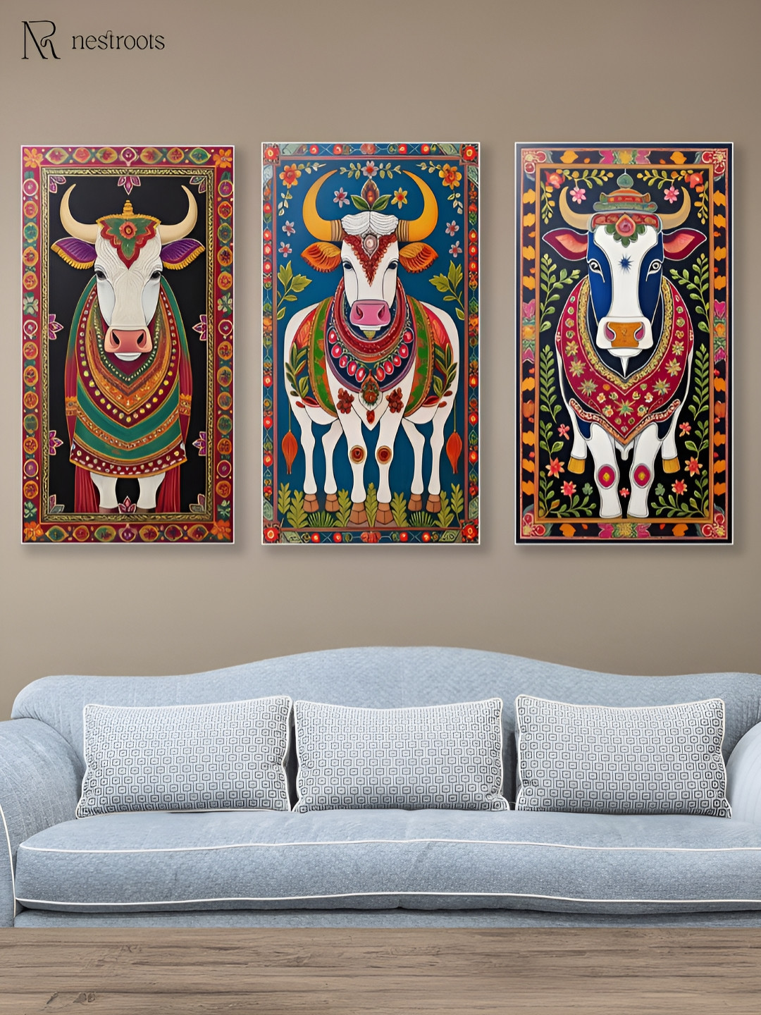 nestroots Navy Blue & White 3 Pieces Canvas Sacred Indian Cow Paintings Wall Arts