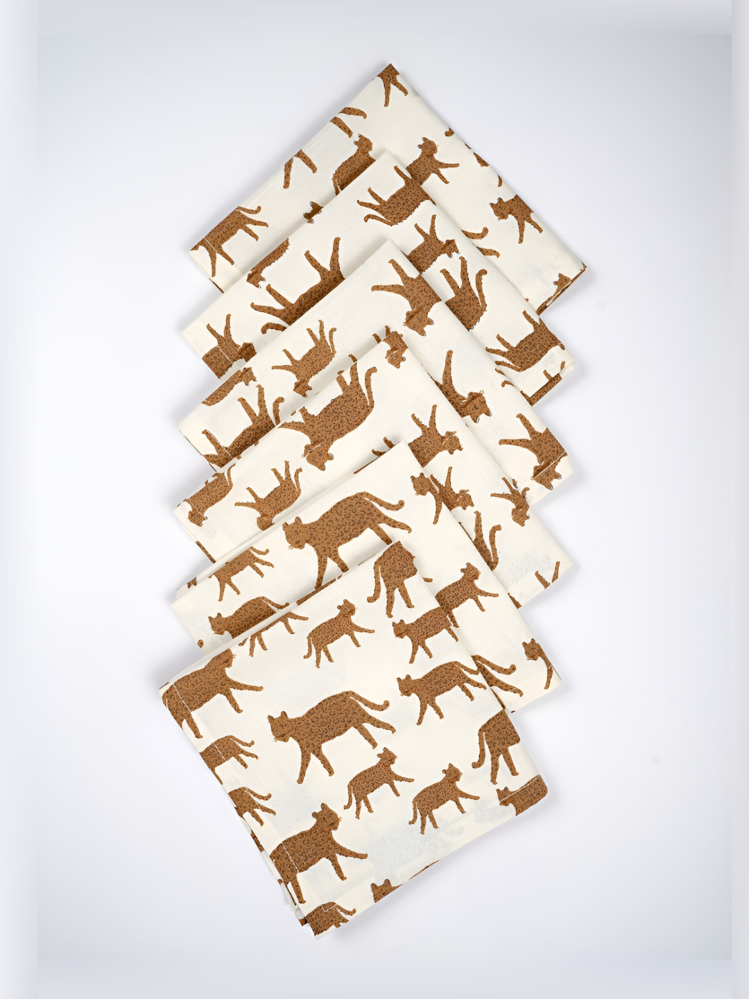 Ratan Cart White & Brown Leopard Printed 6 Pieces Pure Cotton Table Napkins