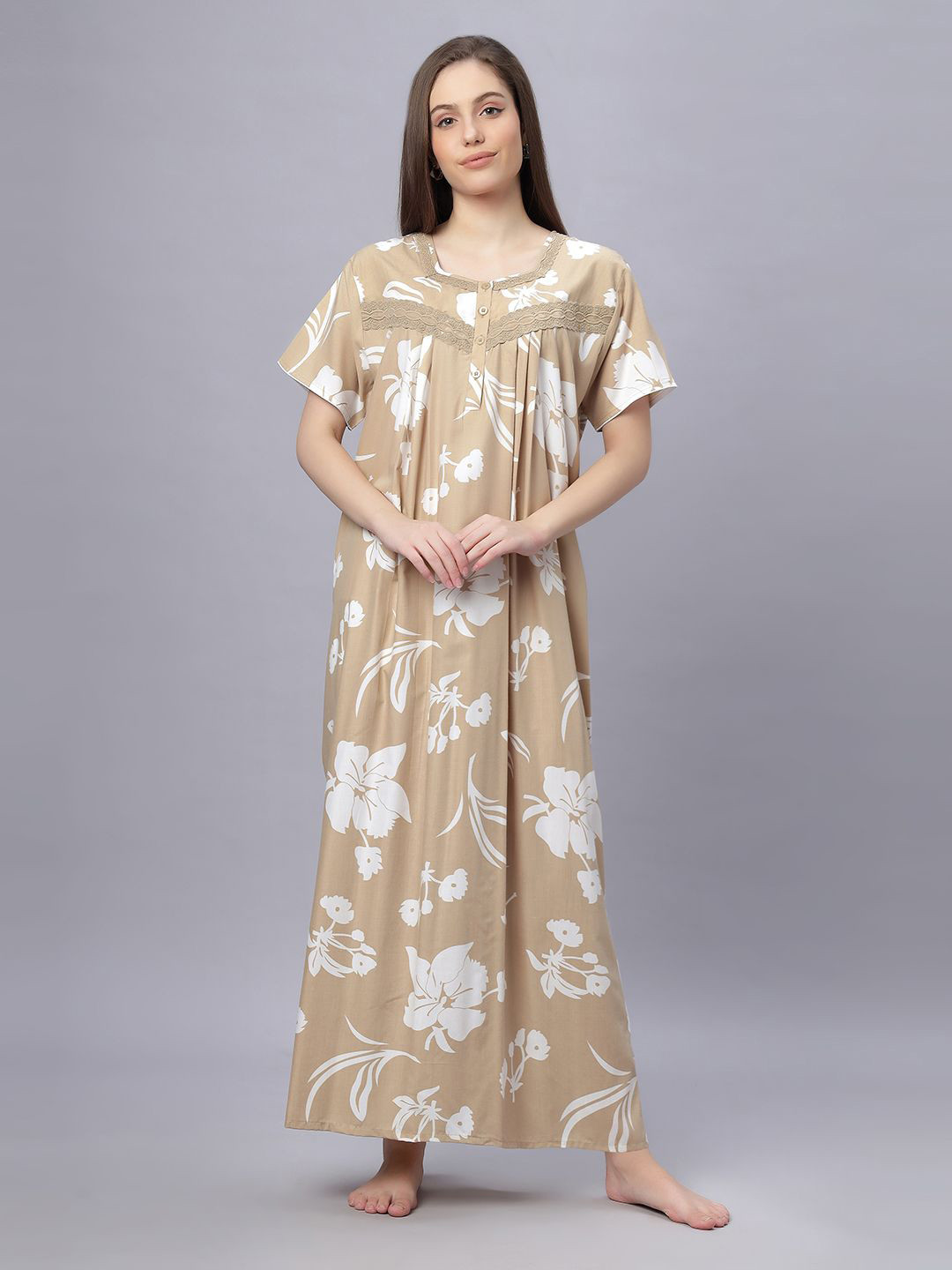 QUIRA Women's Printed Round Neck Maxi Nightdress