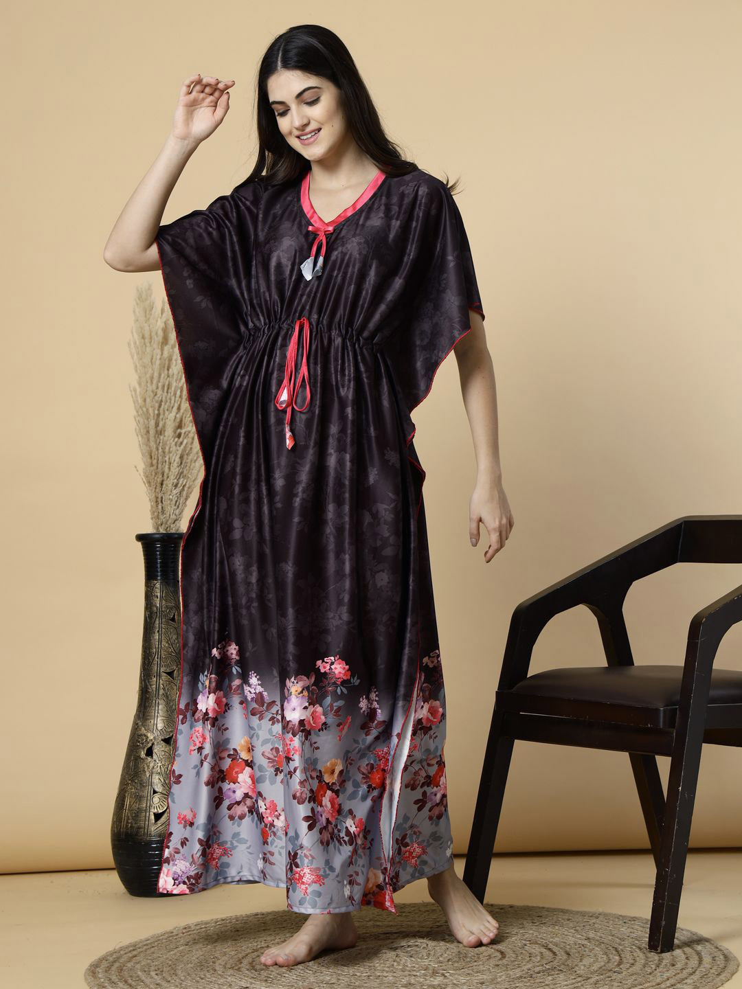 FABINALIV Women Black & Grey Floral Graphic Printed V-Neck Kaftan Nightdress