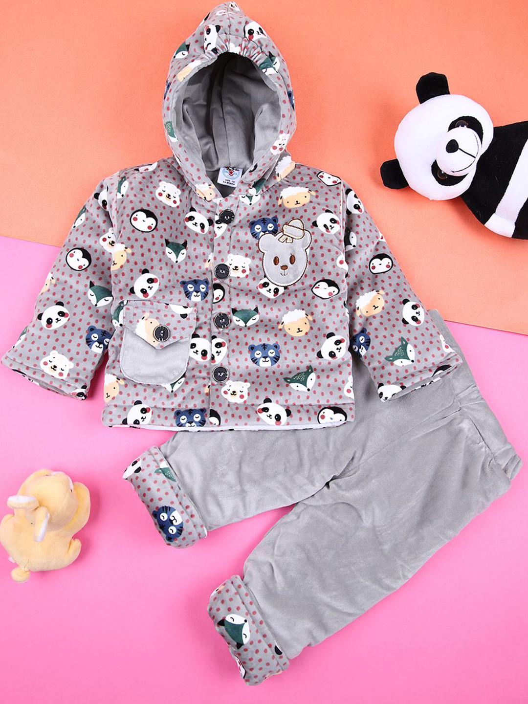 V-Mart Kids Cartoon Characters Printed Hooded Velvet Sweatshirt With Joggers