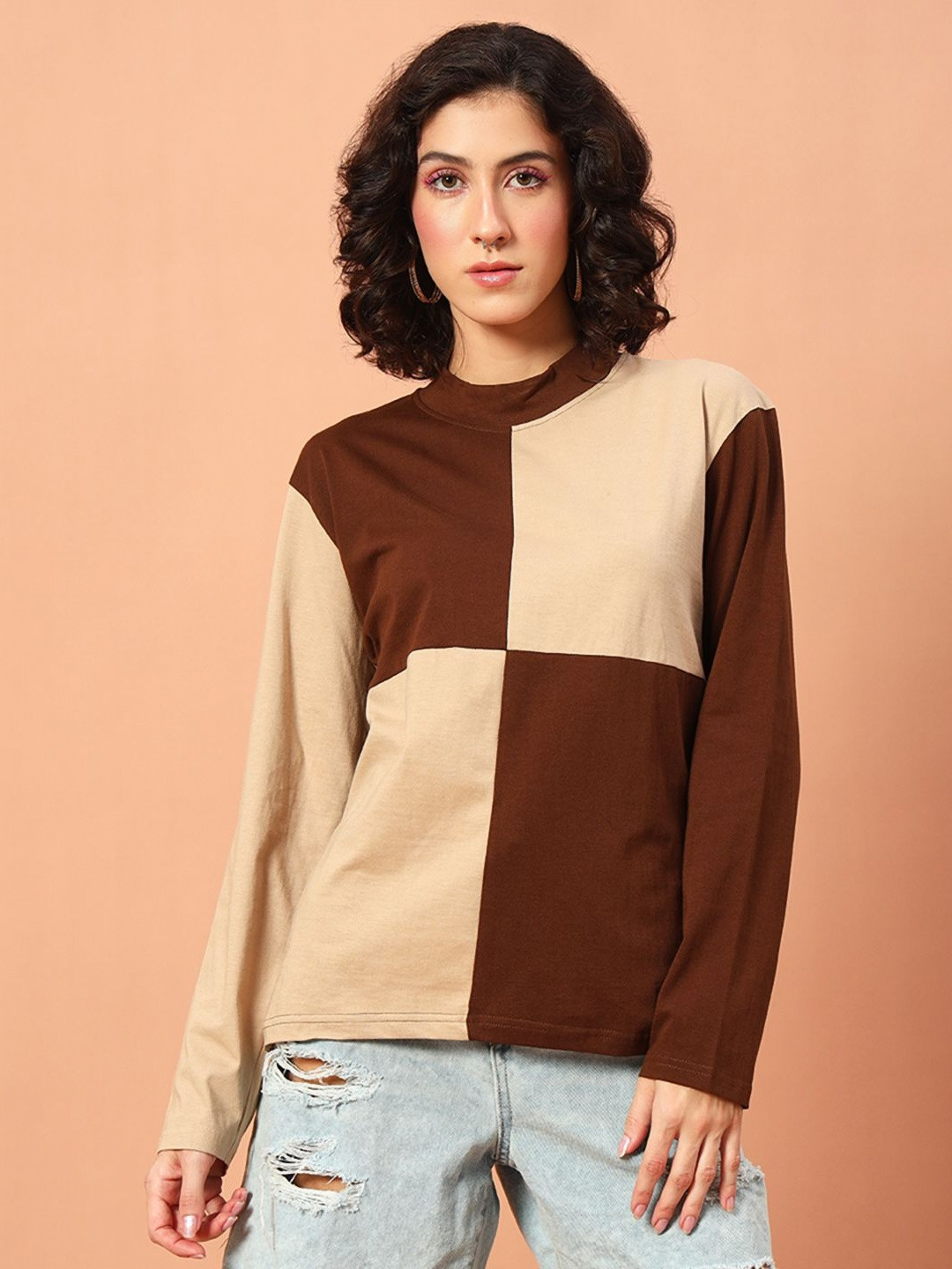 The Dry State Women Colourblocked High Neck Cotton T-shirt