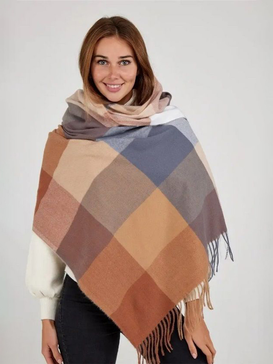 Alexvyan Women Winter Checked Large Warm Fringed Woolen Soft Wrap & Stoles