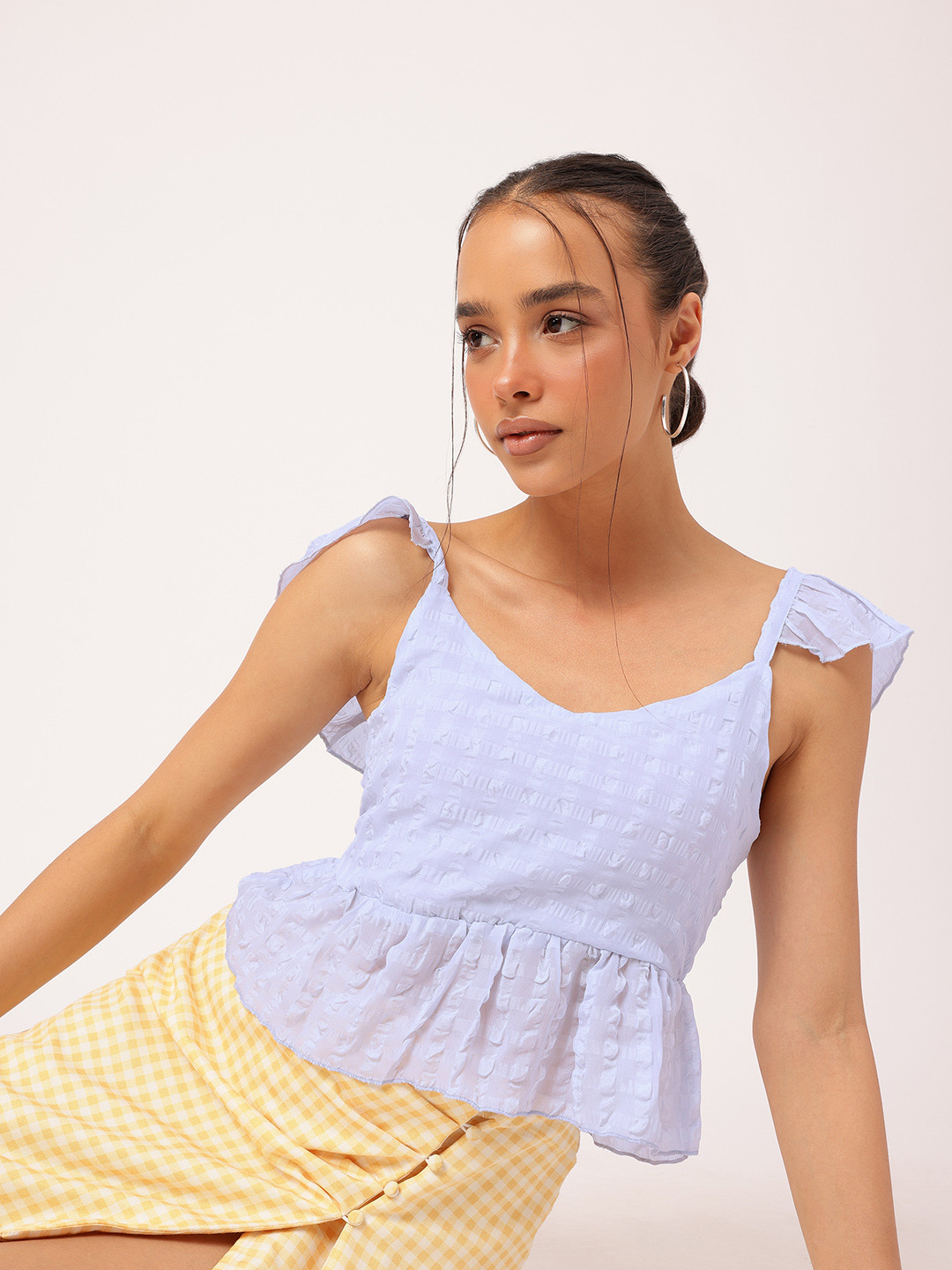 DressBerry Ruffled Sleeves Back Lace-Up Peplum Top