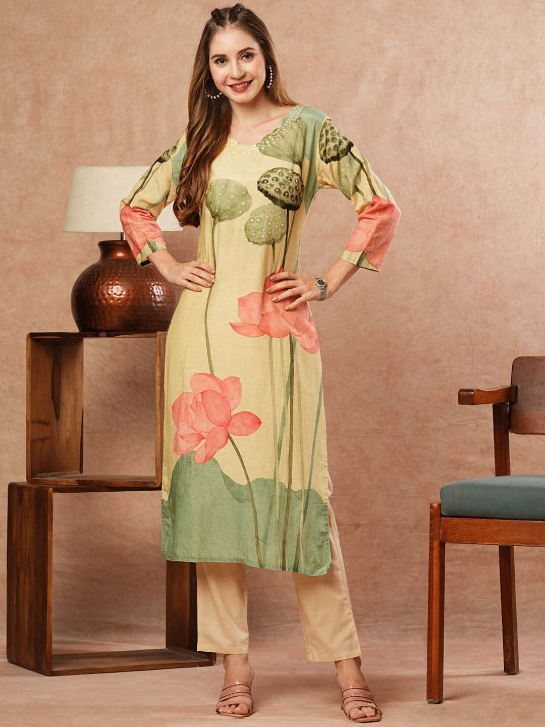 FASHOR Floral Printed Stylised Neck Sequinned Straight Kurta