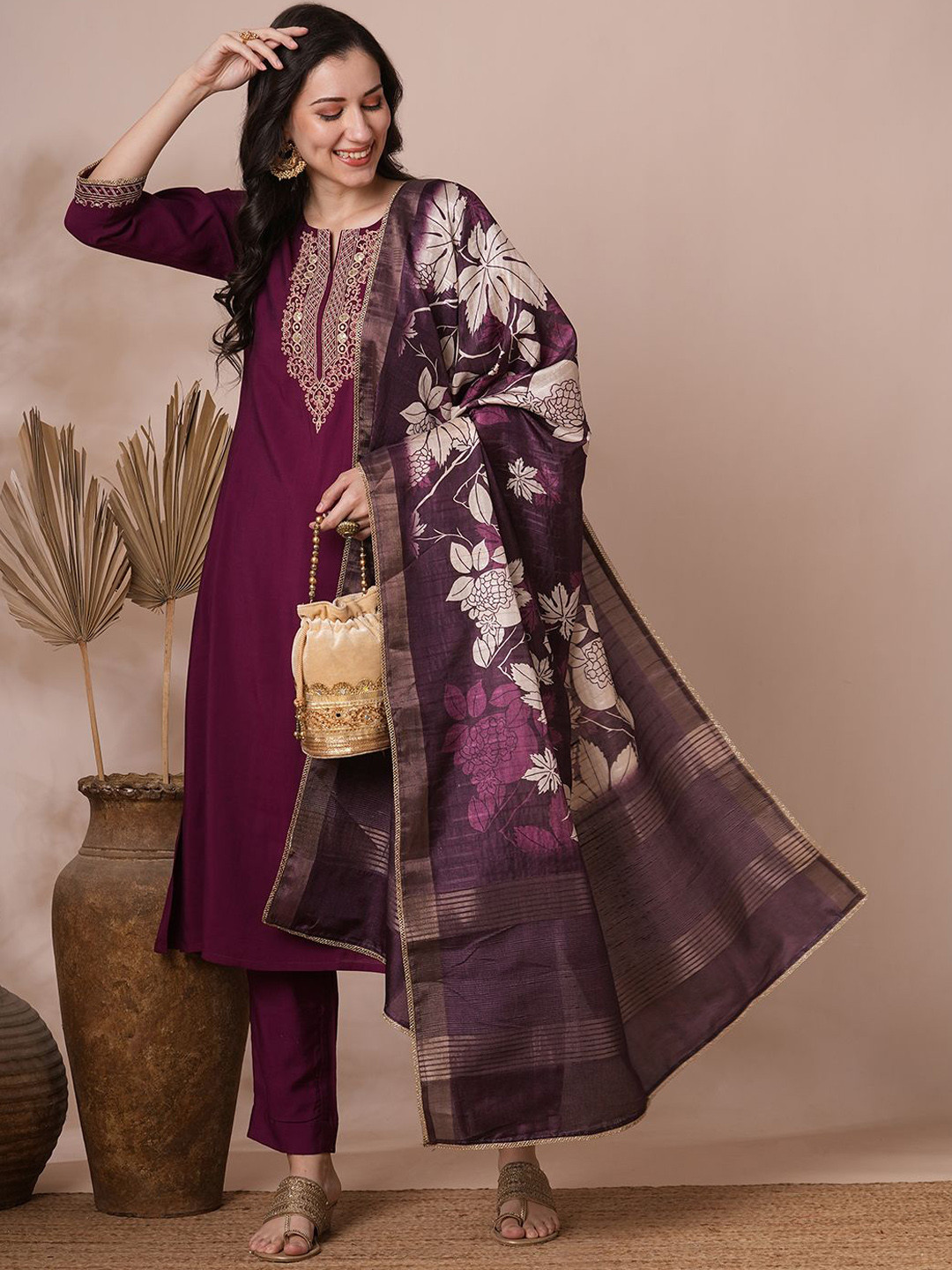 KAMI KUBI Floral Embroidered Thread Work Kurta with Trouser & Dupatta