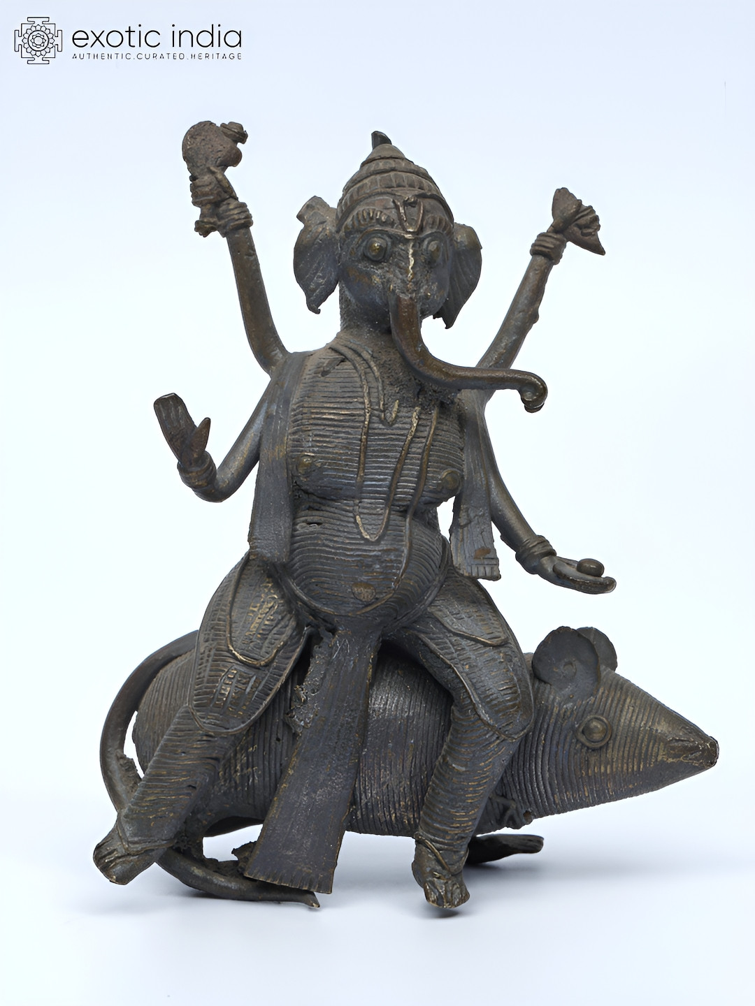 Exotic India Lord Ganesha on Mushak Brown Brass Metallic Prayer Room Small Showpiece - 4.6 Inches