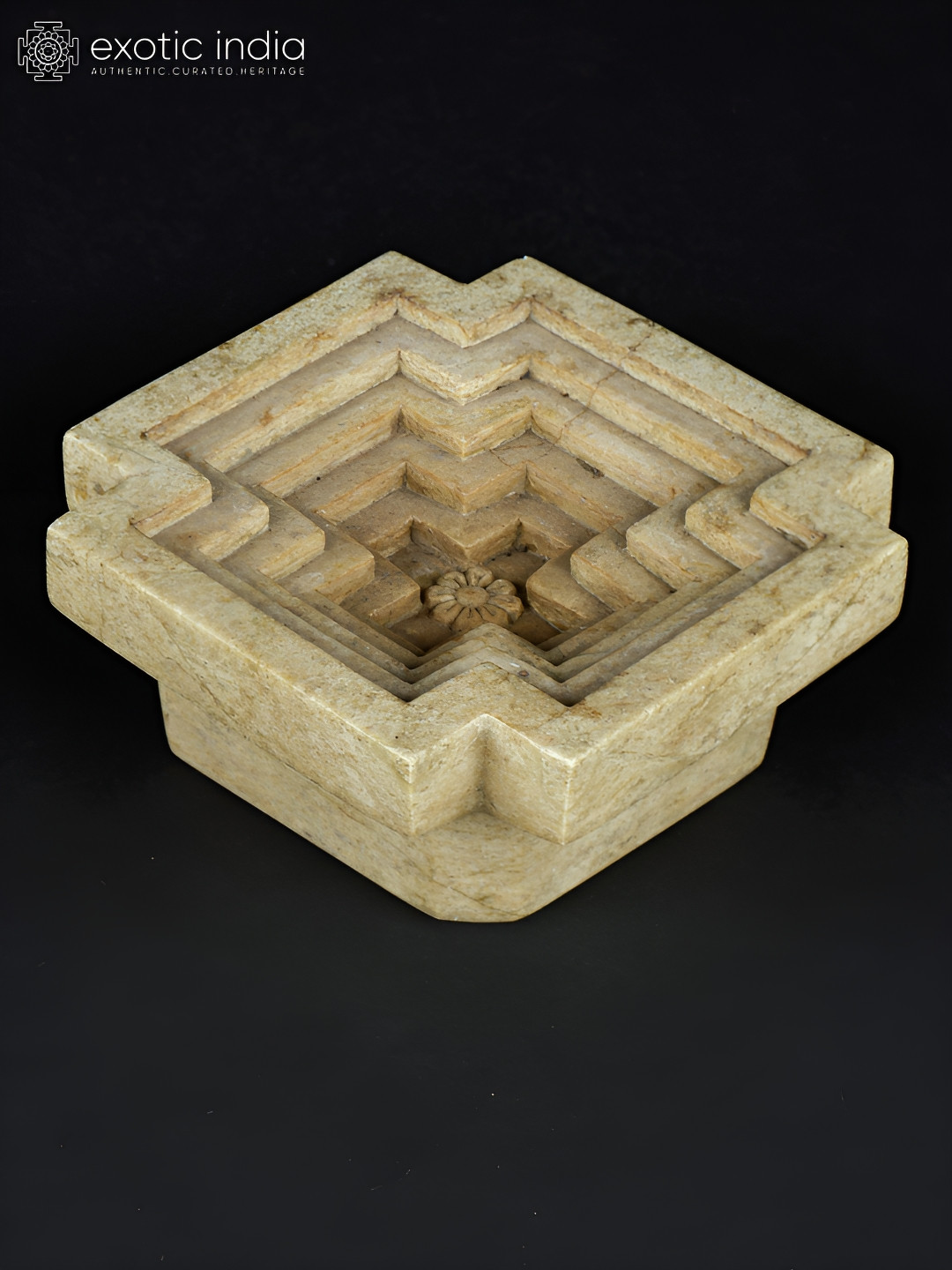 Exotic India Kunda with Flower Beige Stone Natural Living Room Small Showpiece - 2 Inches