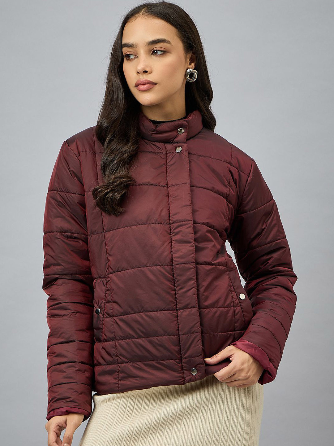 Club York Women Mock Collar Solid Casual Padded Jacket