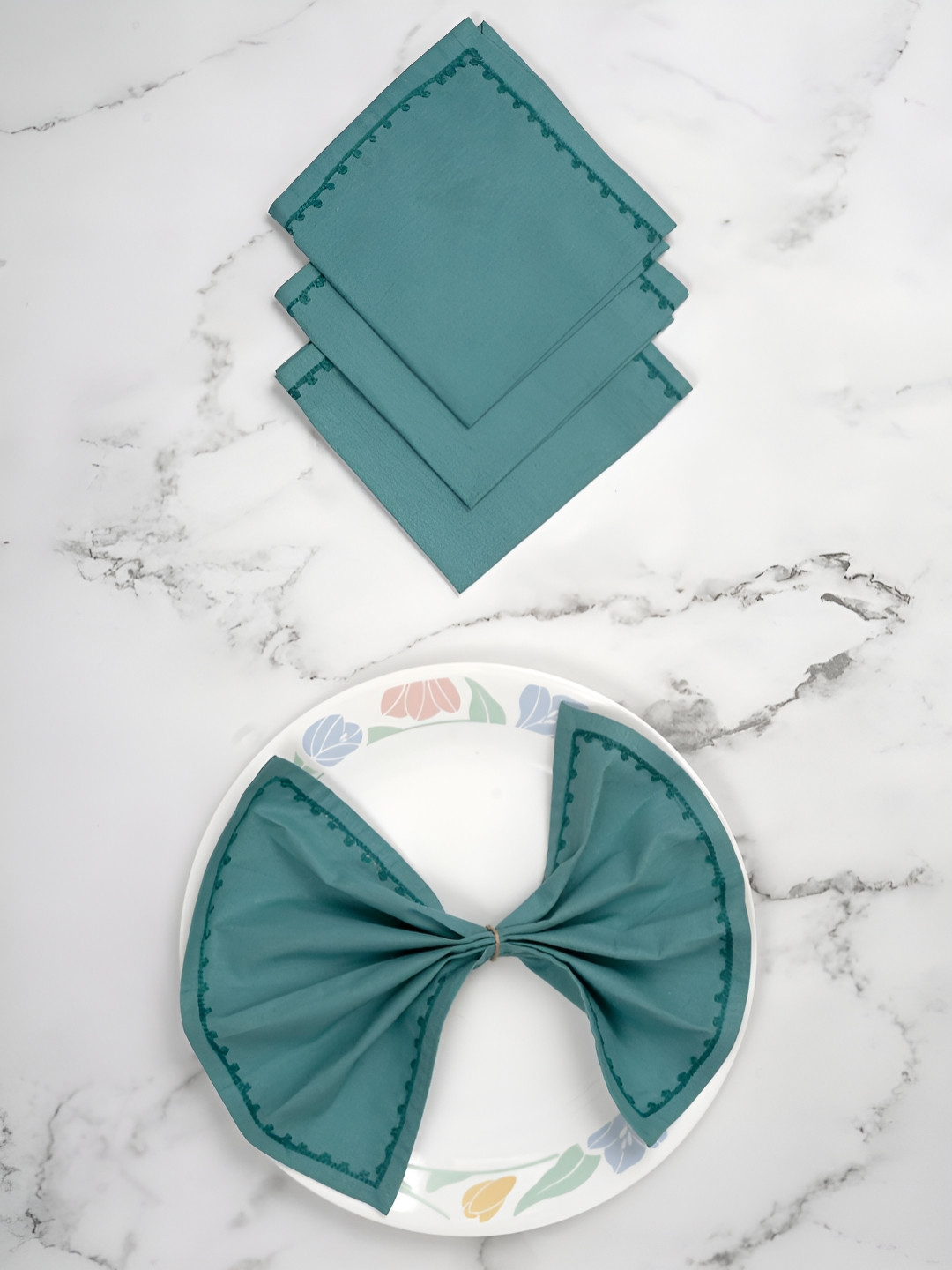 Ratan Cart Teal Green 4 Pieces Embroidered Pure Cotton Table Napkins