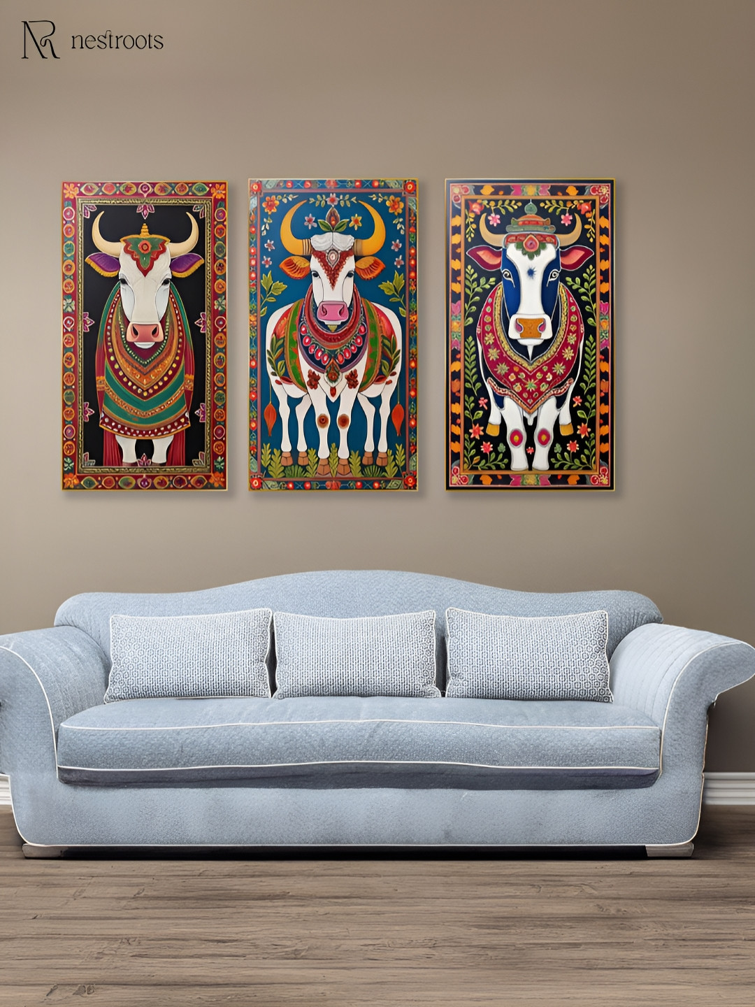 nestroots Green & Brown 3 Pieces Sacred Indian Cow Canvas Painting Wall Arts