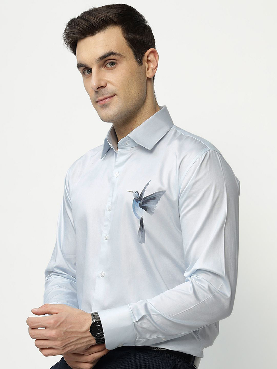 Hancock Men Spread Collar Graphic Giza Cotton Satin Wrinkle Resistant Slim Fit Party Shirt