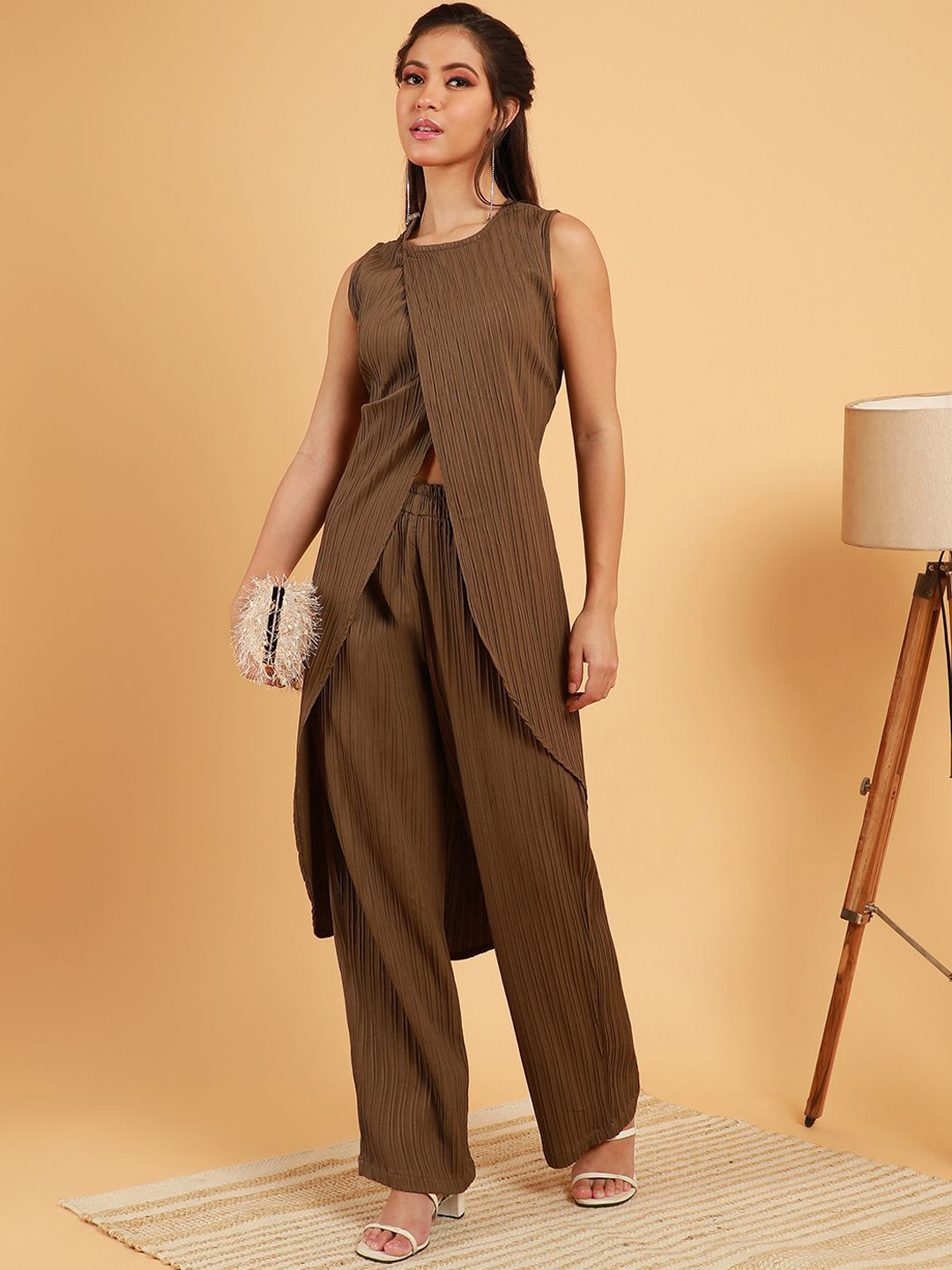QISSA Textured Brown Round Neck Kurta with Trouser Set