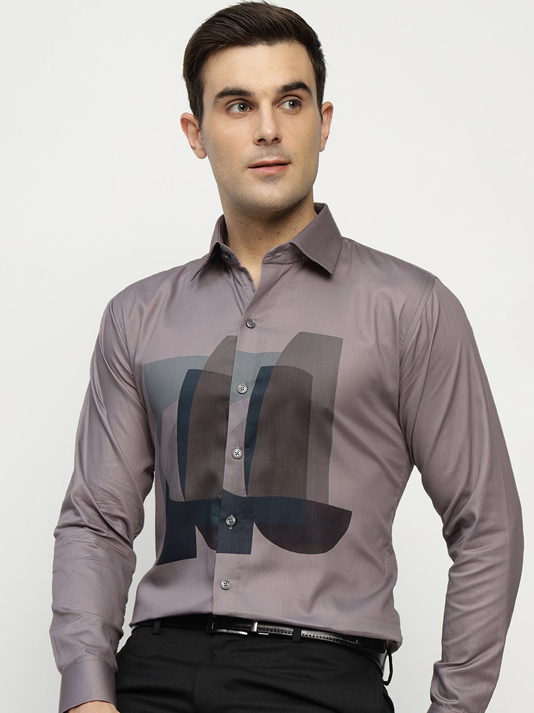 Hancock Men Spread Collar Graphic Giza Cotton Satin Wrinkle Resistant Slim Fit Party Shirt