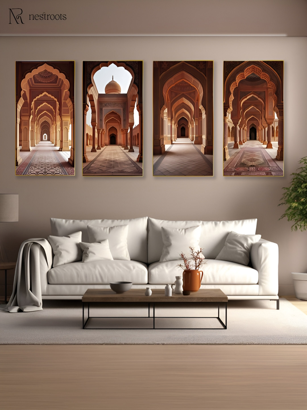 nestroots Ornate Arched Hall Gold-Toned 4 Pieces Canvas Wall Paintings