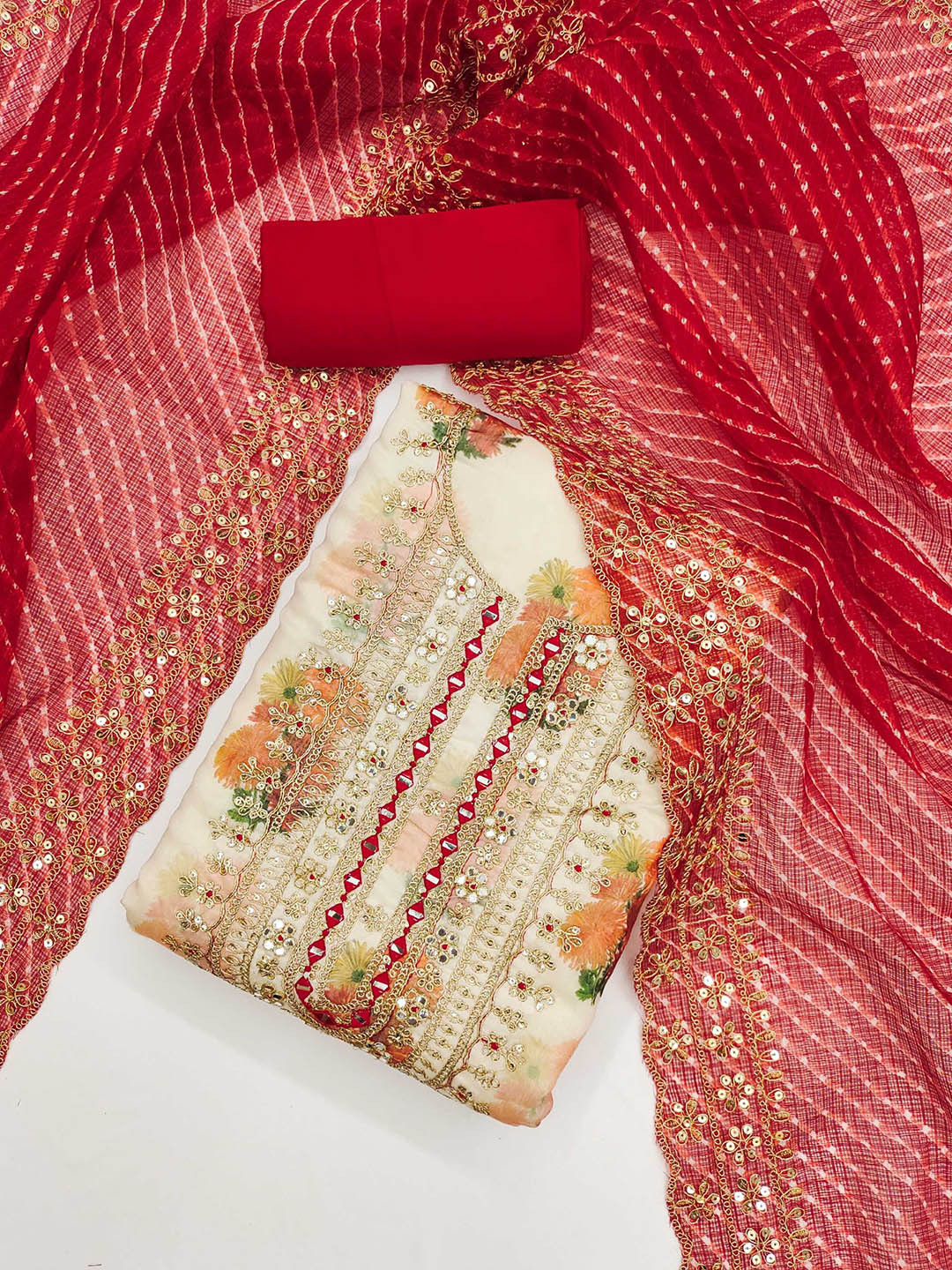 KALINI Floral Digital Printed Mirror Work Chanderi Silk Unstitched Dress Material