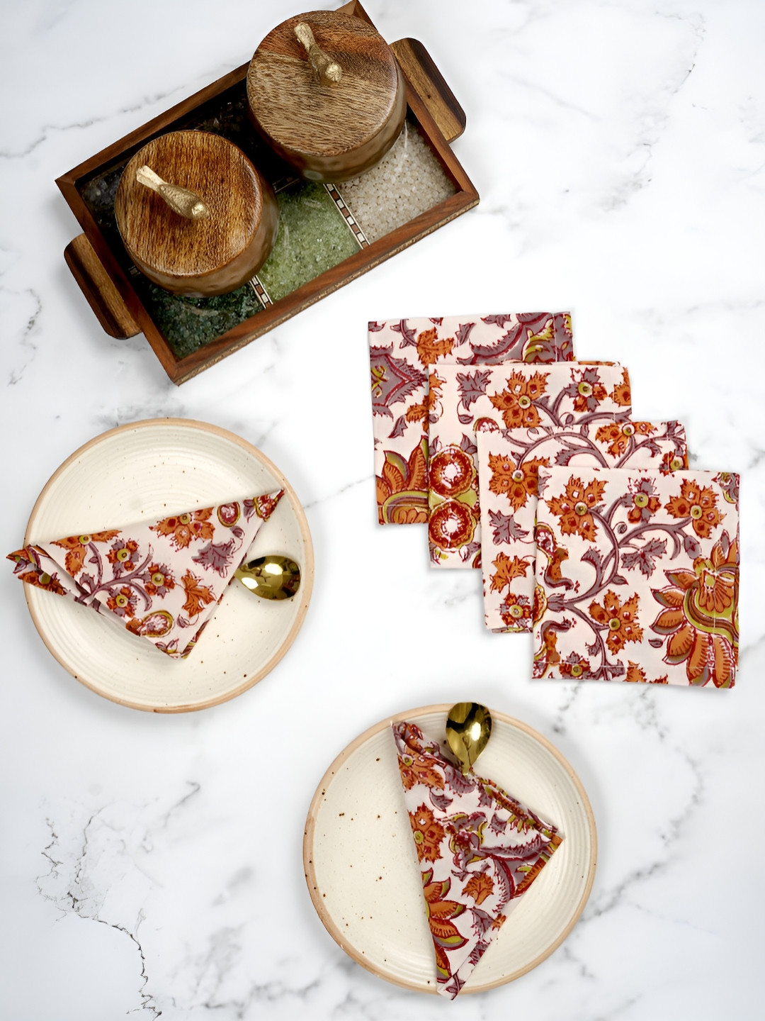 Ratan Cart White & Orange Coloured 6 Pieces Floral Printed Table Napkins