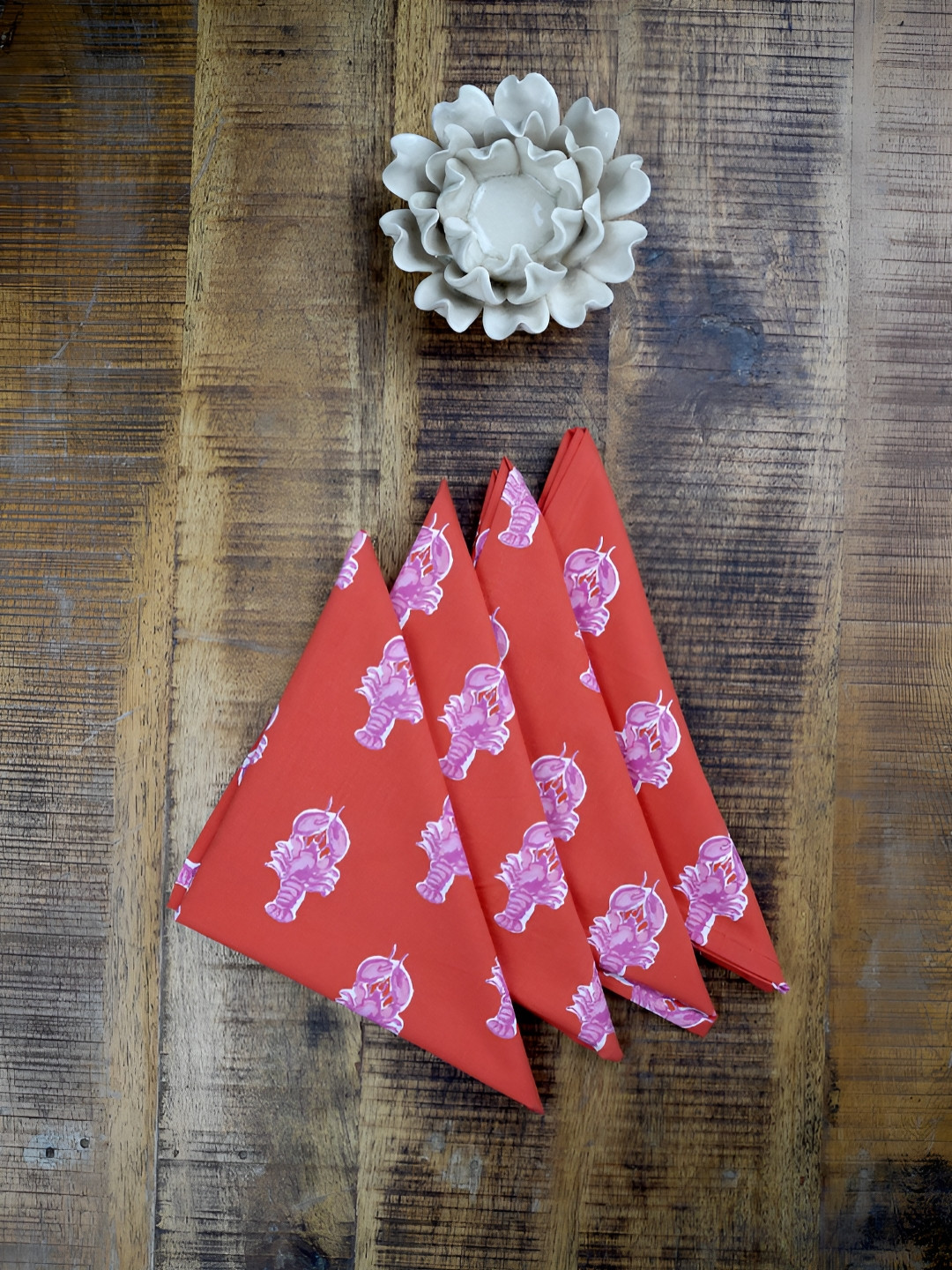 Ratan Cart Orange Colored & Purple 4 Pieces Lobaster Printed Table Napkins