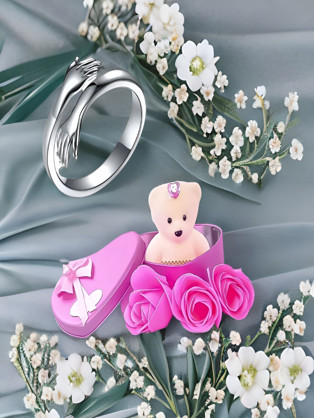 UNIVERSITY TRENDZ Silver Toned & Pink 2 Pcs Ring & Mini Teddy Valentine's Day Gift Set
