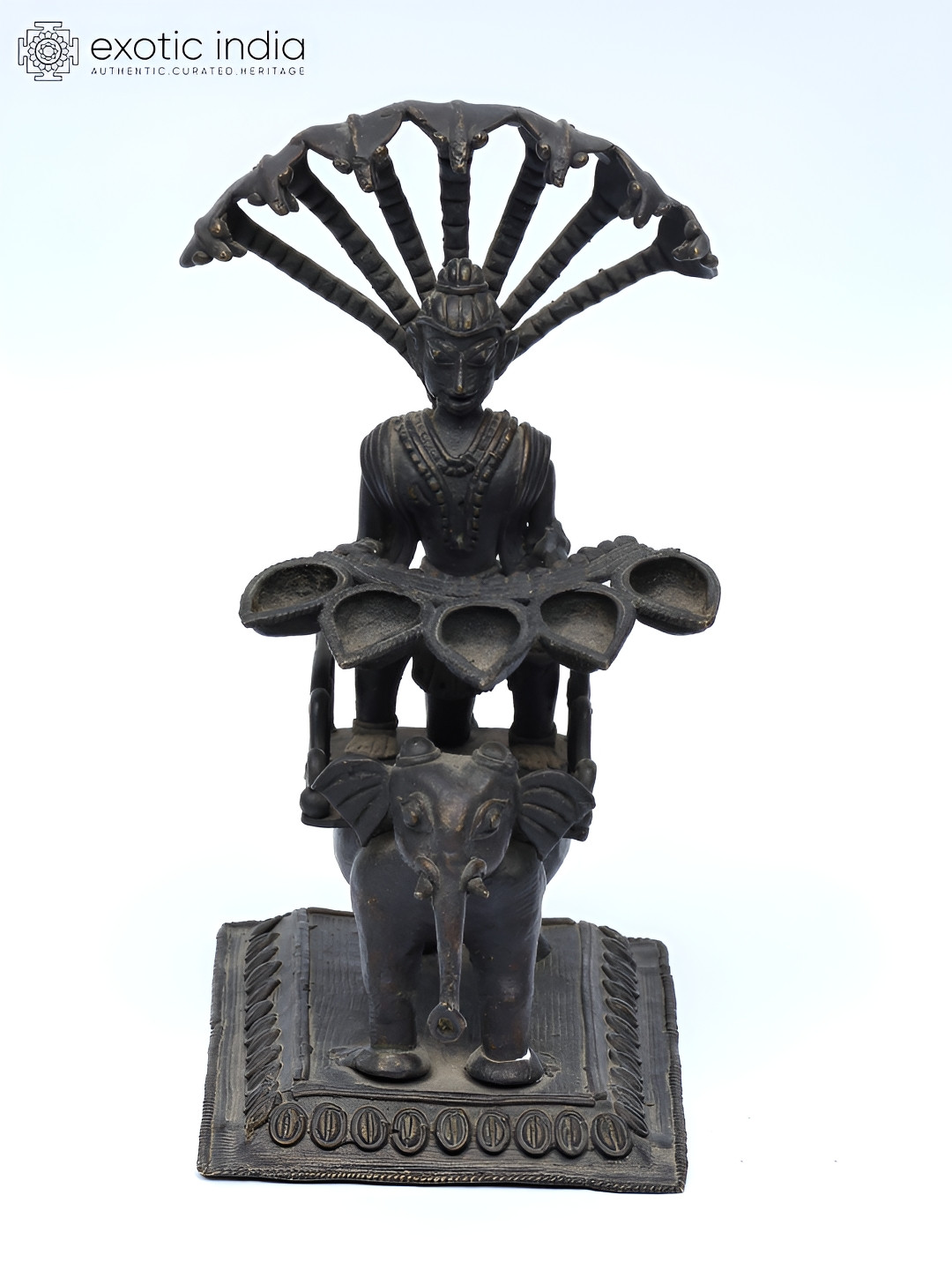 Exotic India Elephant Design Tribal Lamp with Serpents Black Brass Metallic Living Room Medium Showpiece - 8 Inches