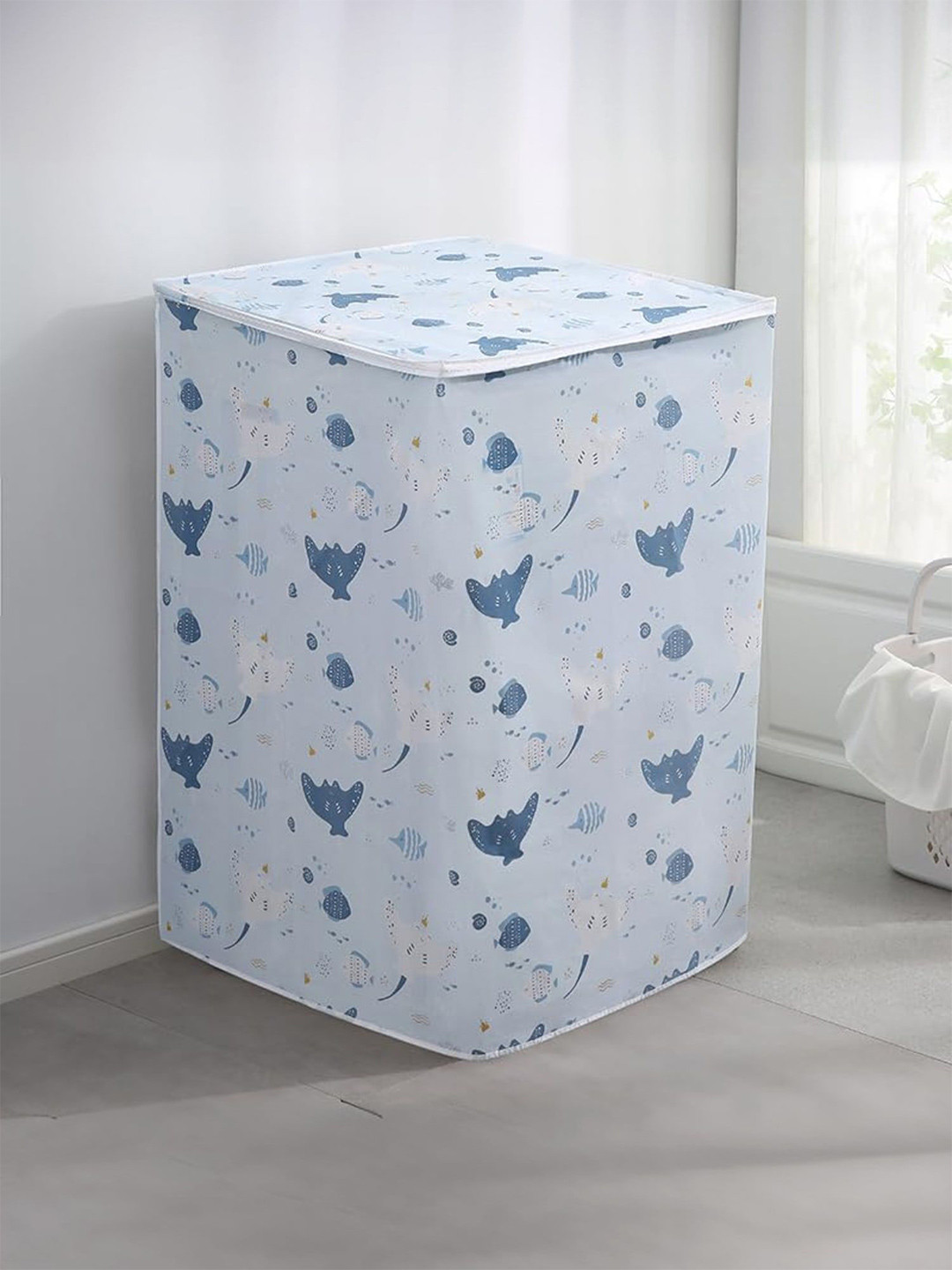 Kuber Industries Happy Ocean Blue & White Printed Front Load Washing Machine Cover