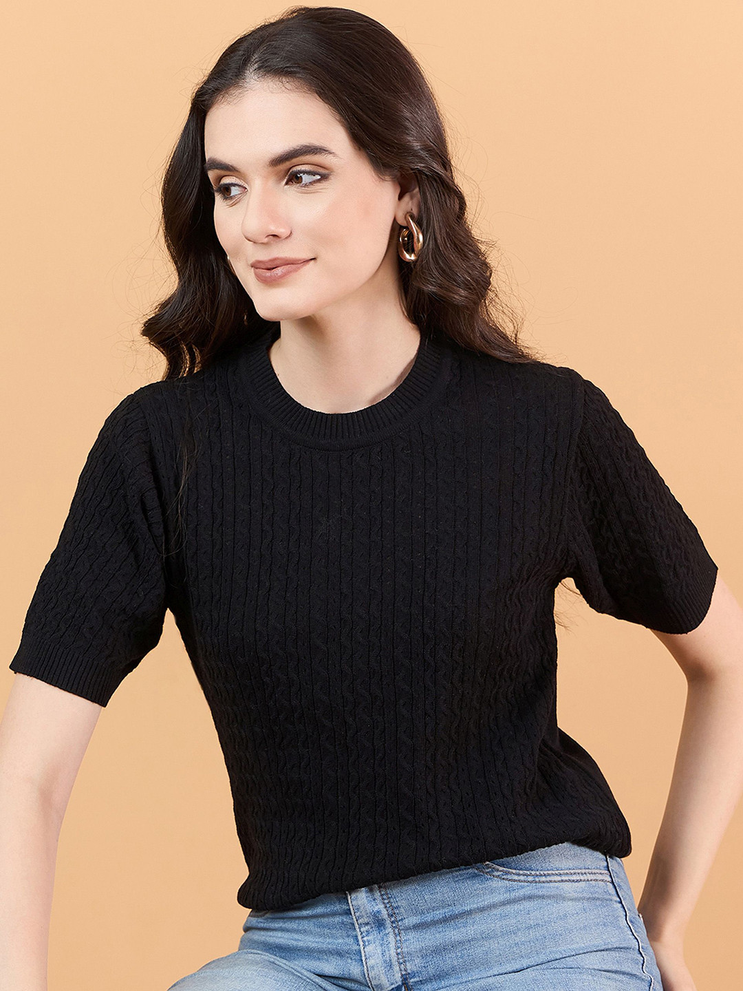 CLAPTON Women Anti Static Self Design Round Neck Wool T-shirt