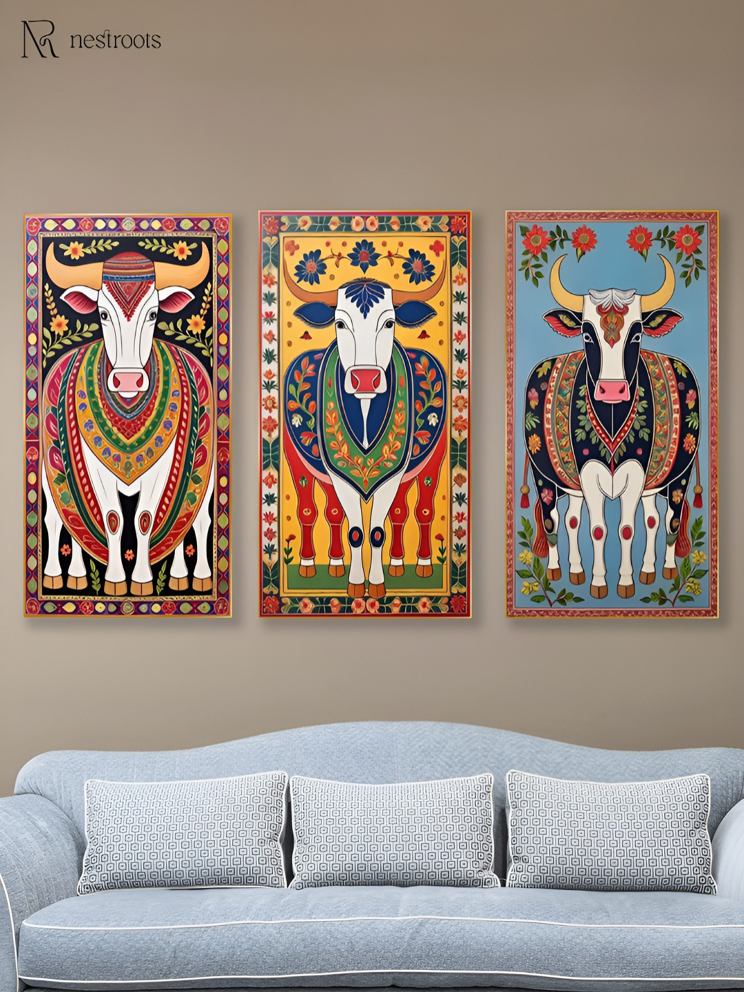 nestroots Sacred Indian Cow Yellow & Red 3 Pieces Canvas Birds and Animals Wall Arts