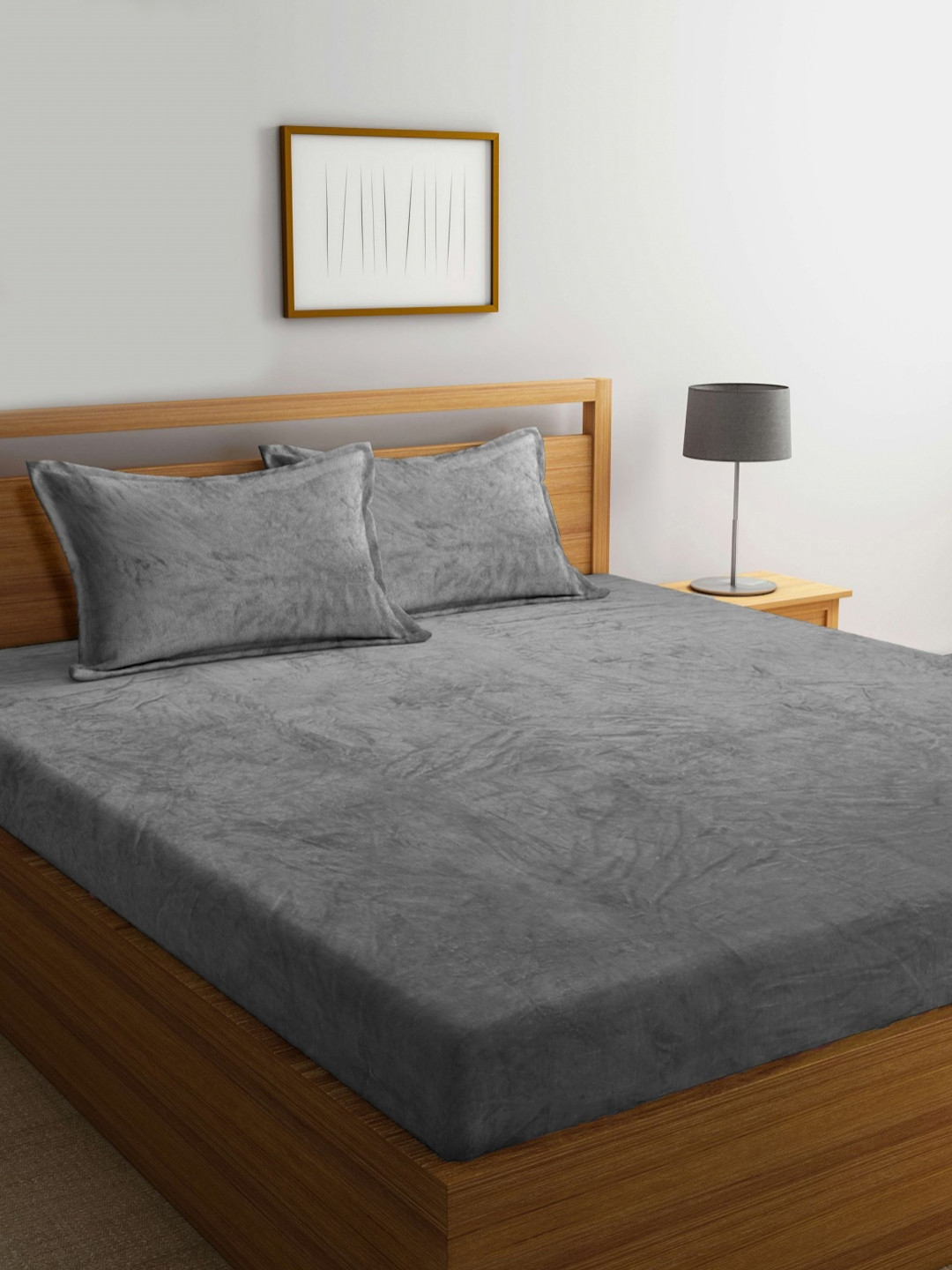 THE little BIG STORE Grey Solid Wool 150 TC Fitted King Bedsheet with 2 Pillow Covers-198 x 182 cm