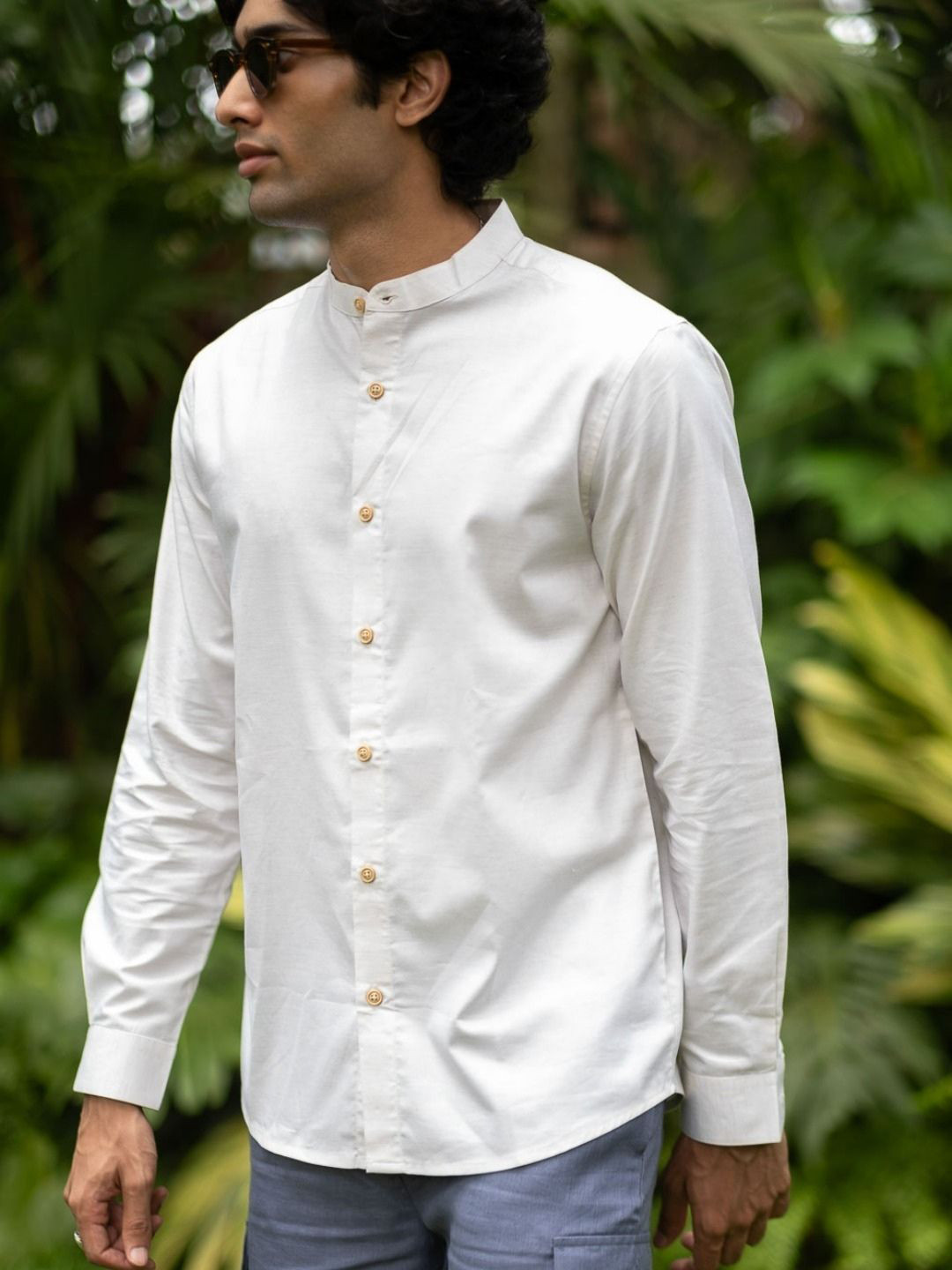 Creatures of Habit Men Classic Band Collar Solid Organic Cotton Casual Shirt