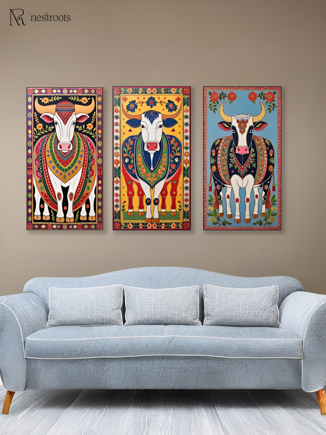 nestrootsIndian Cow Wall Canvas 3 Piece Wall Rectangle Photographs Wall Art-9.4 x 23.6In