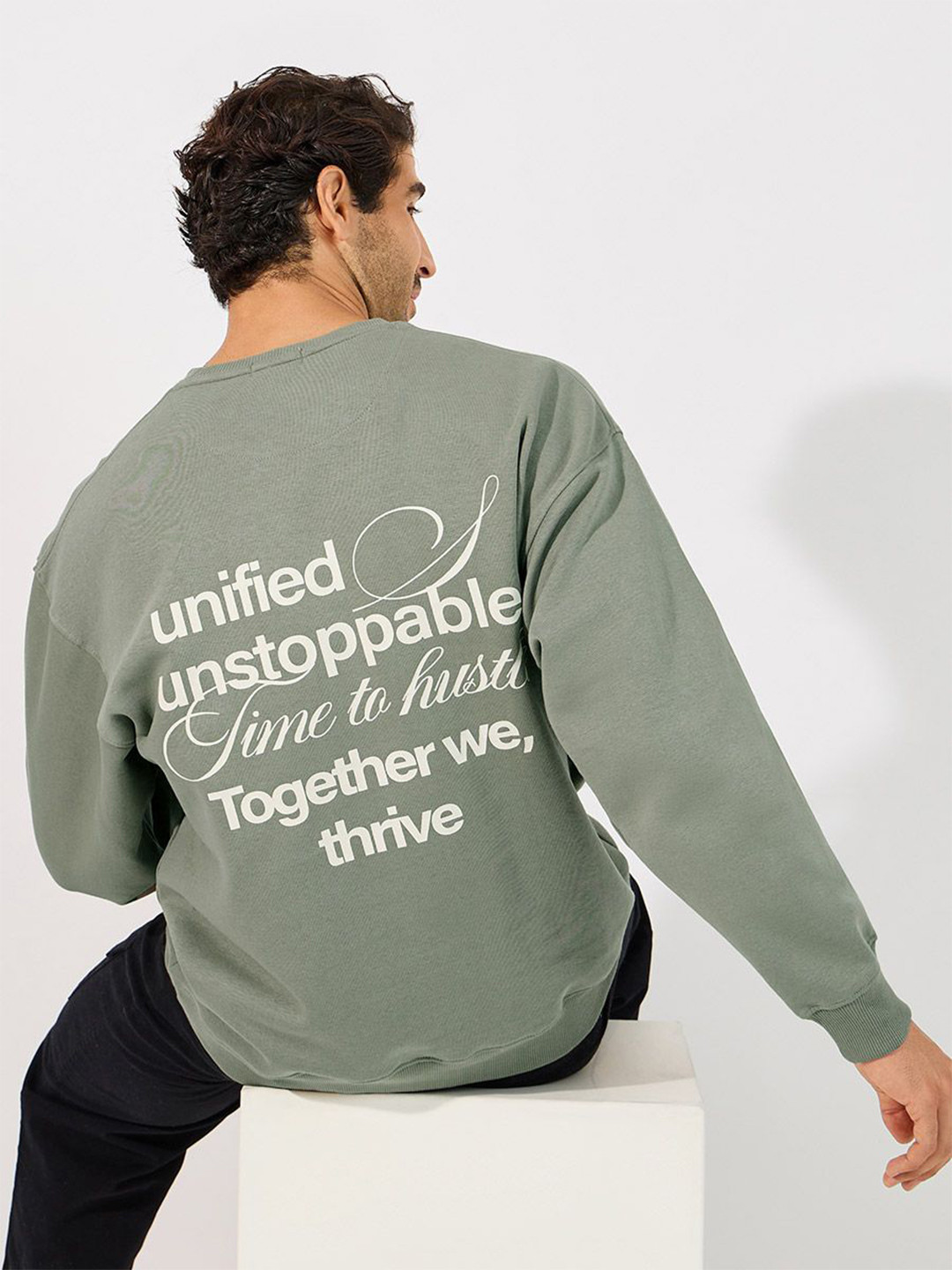 Styli Typography Printed Round Neck Cotton Boxy Fit Pullover