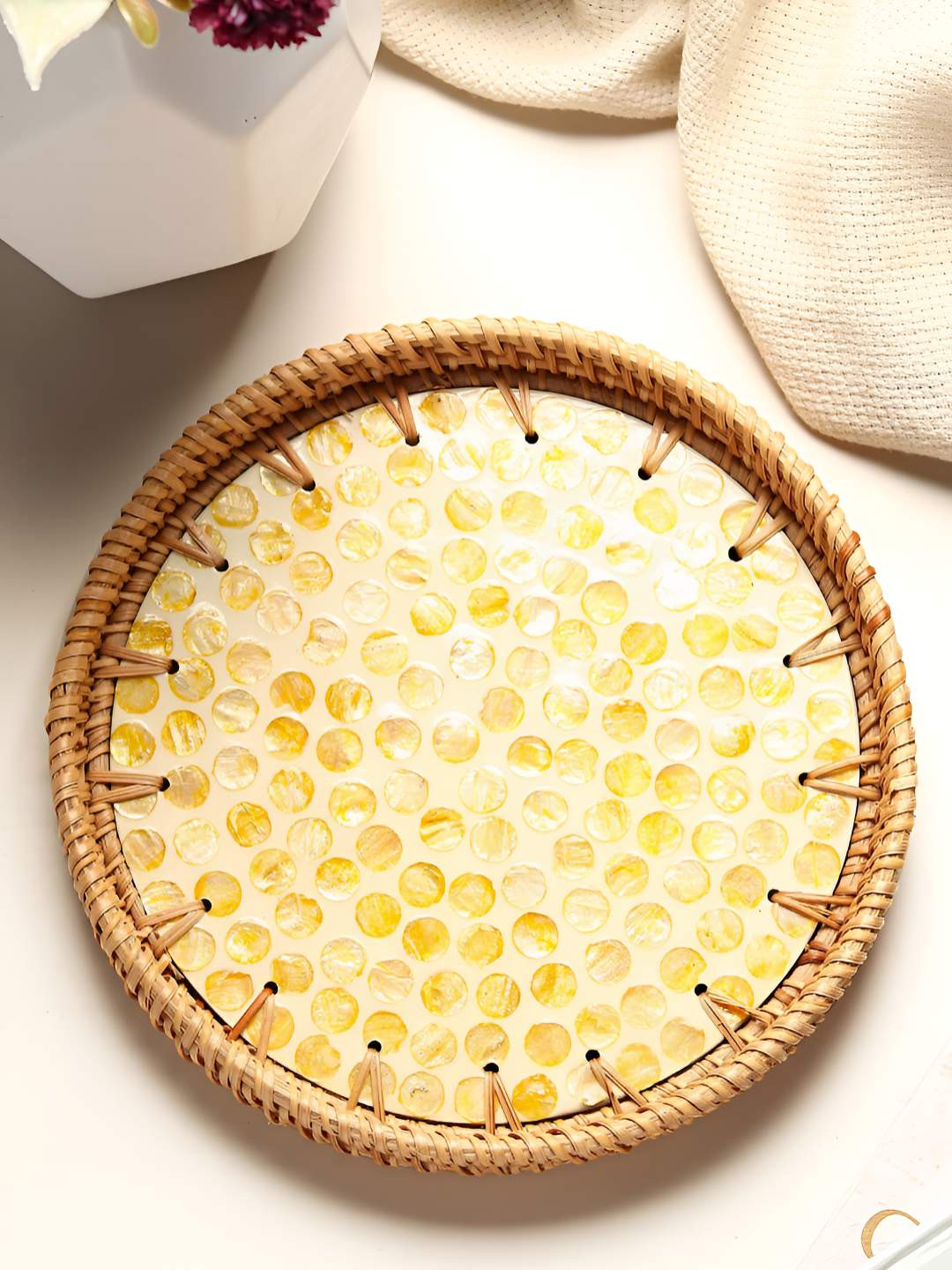 HABERE INDIA Bohemian Yellow Bamboo Round Rattan Serving Tray