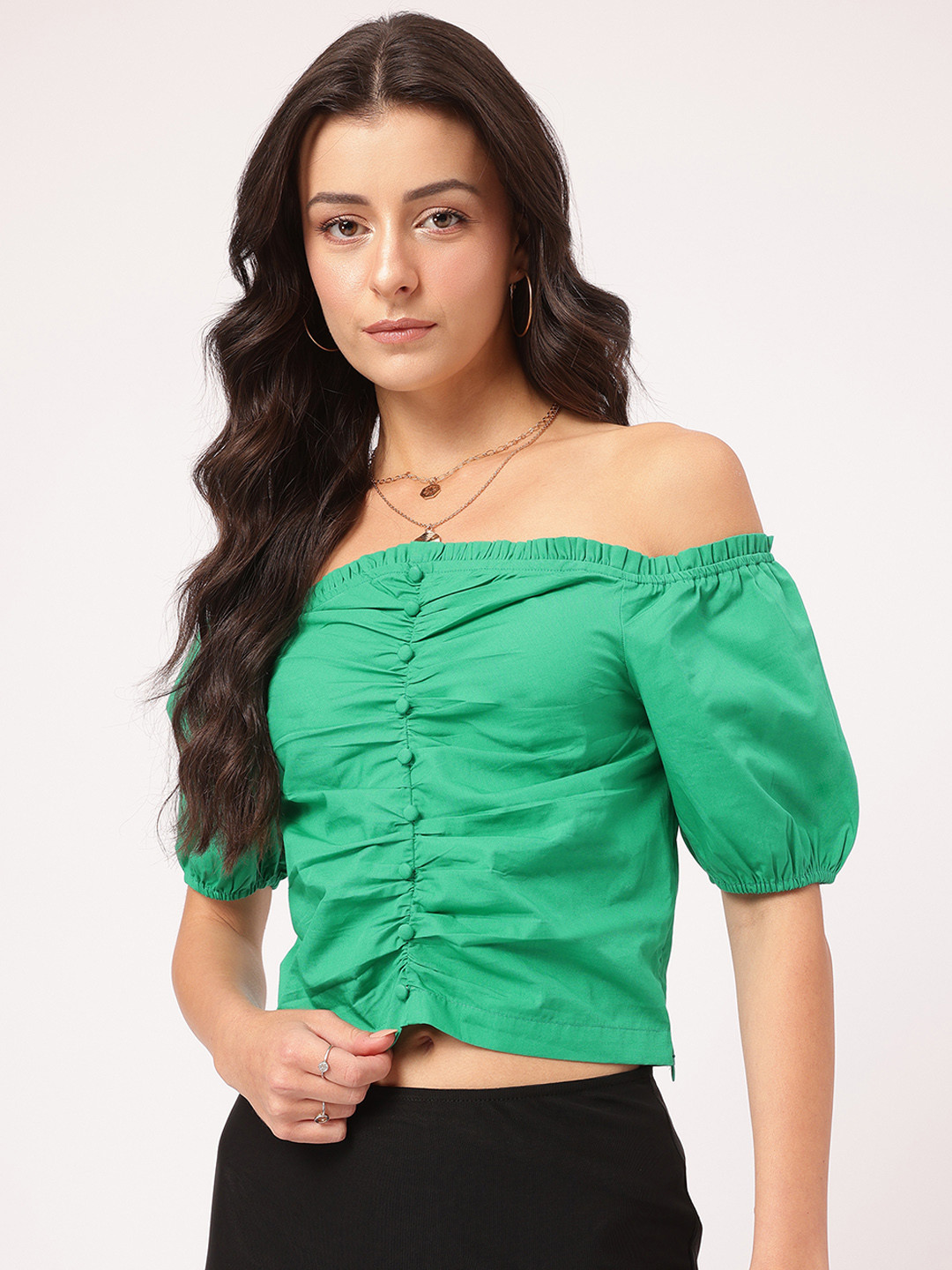 DressBerry Ruched Bardot Crop Top