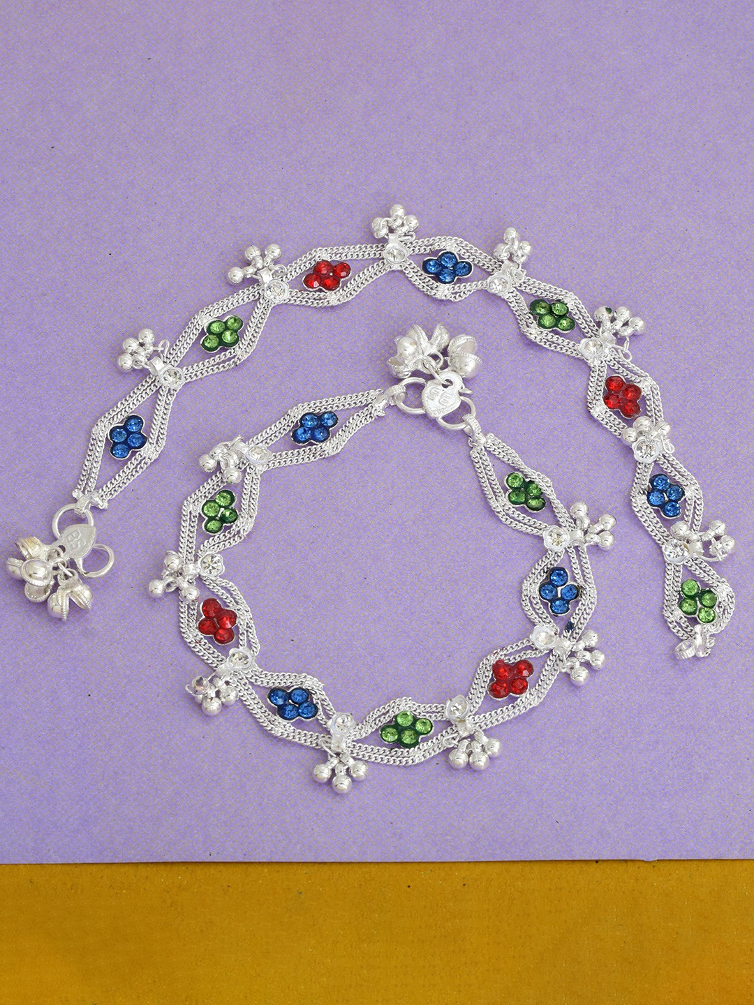 MEMOIR Silver-Plated Stone Studded Broad Designer Pattern Anklet