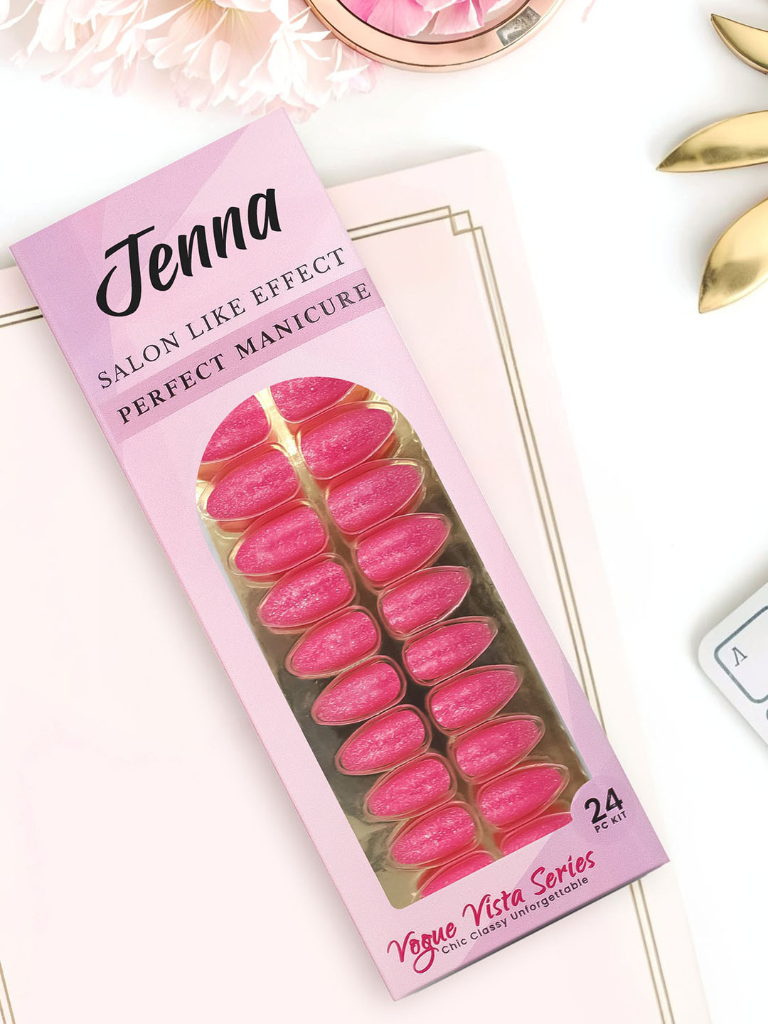 JENNA Set Of 24 French Tip Press On Acrylic Almond Shape Artificial Nails - Rose