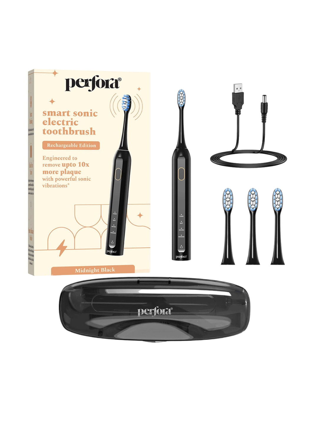 Perfora Rechargeable Smart Sonic Electric Toothbrush - Midnight Black