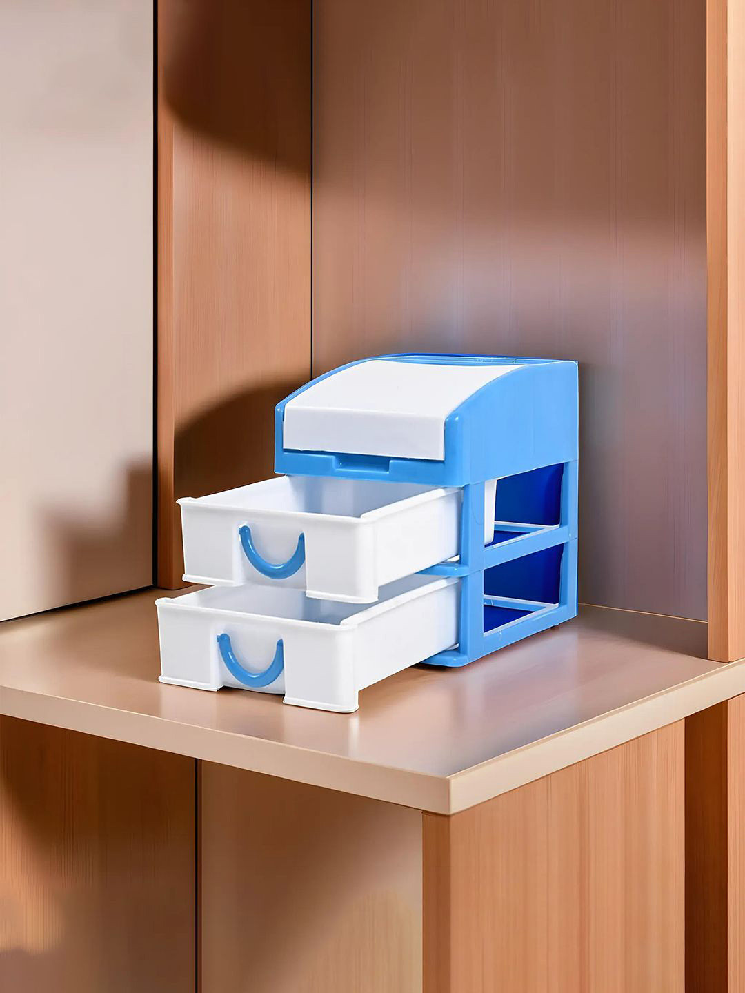 Kuber Industries Blue & White 2 Pieces Reusable 3-Layer Storage Organizer with Lid