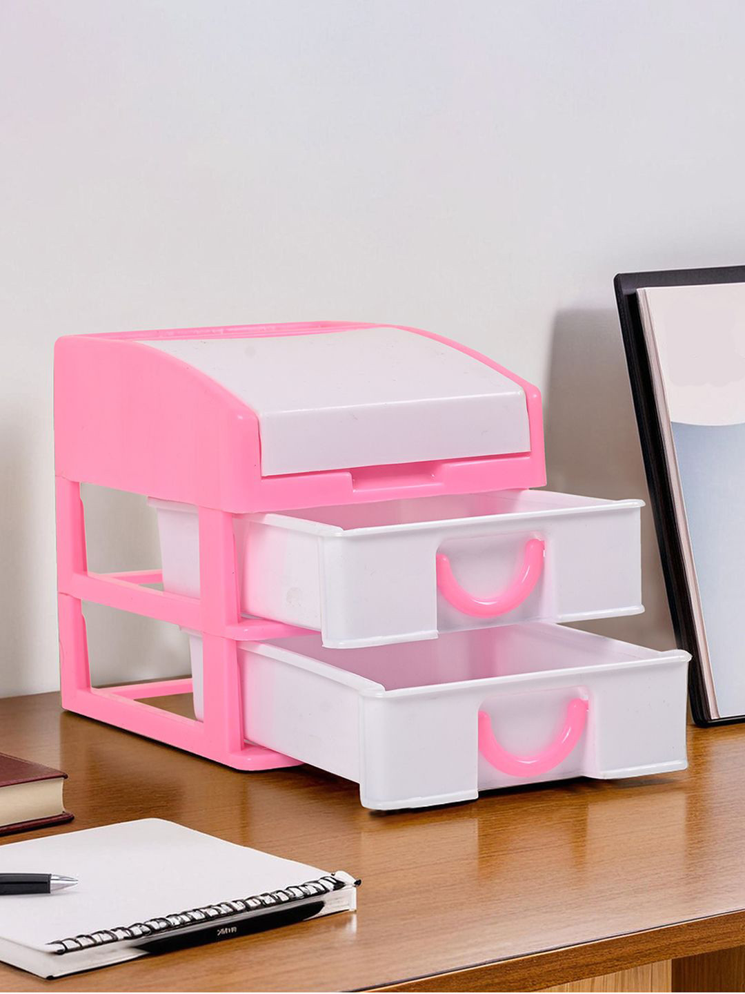Kuber Industries Pink & White Reusable 3-Tier Stationary Drawer Organiser