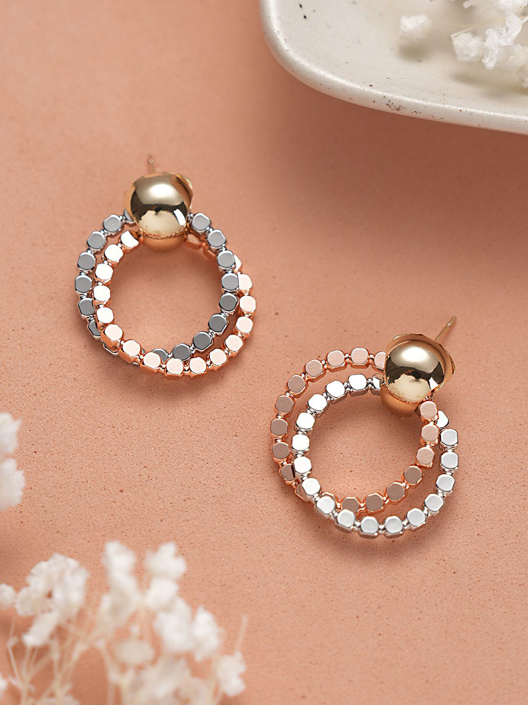 SARAF TRENDZ Rhodium-Plated Hammered Circular Stainless Steel Hoop Earrings