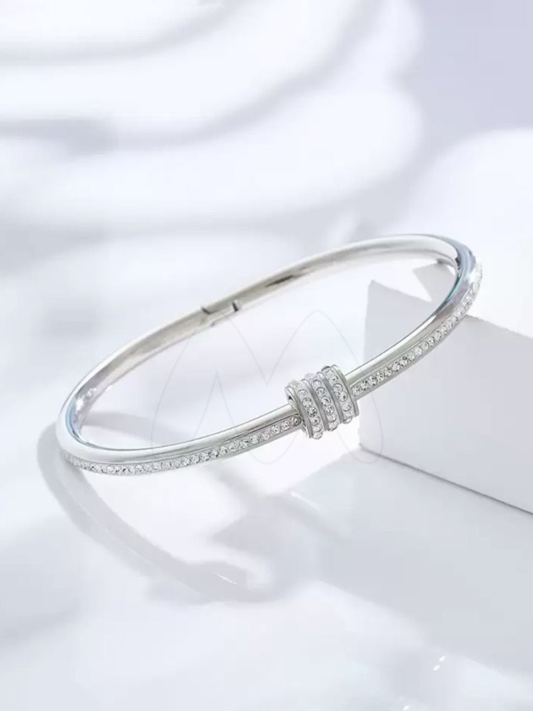 V FASHION JEWELLERY Silver-Plated Stainless Steel Cubic Zirconia Studded Kada Bracelet