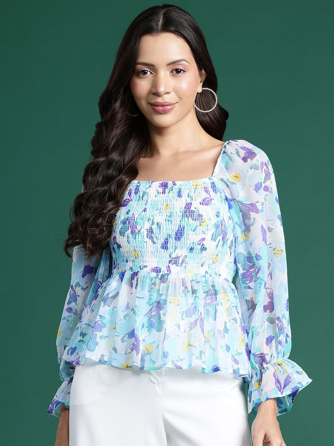 Deewa Floral Printed Puff Sleeve Georgette Top