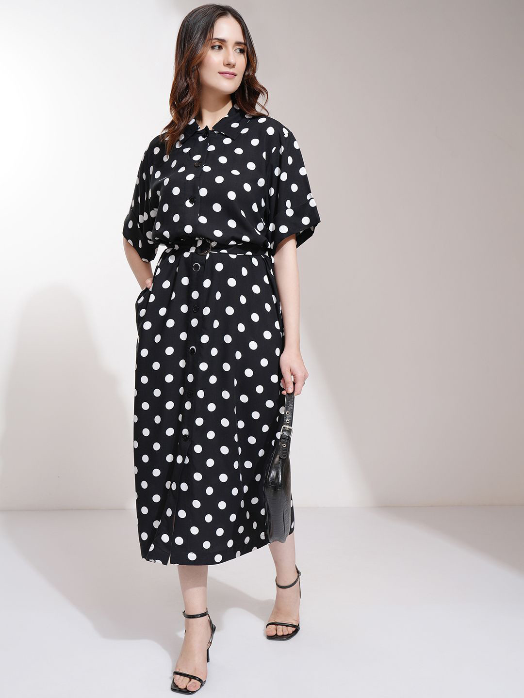 Tokyo Talkies Women Polka Dot Printed Button Down Shirt Midi Dress